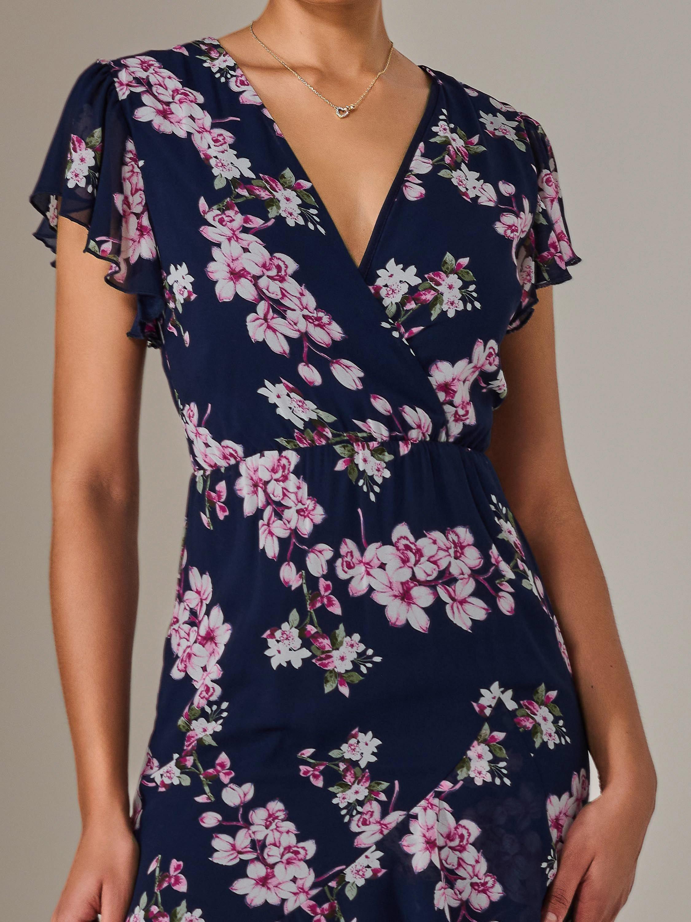 Product image 4 of 7, which shows Jolie Moi Floral Ruffle Maxi Dress, Navy, 8