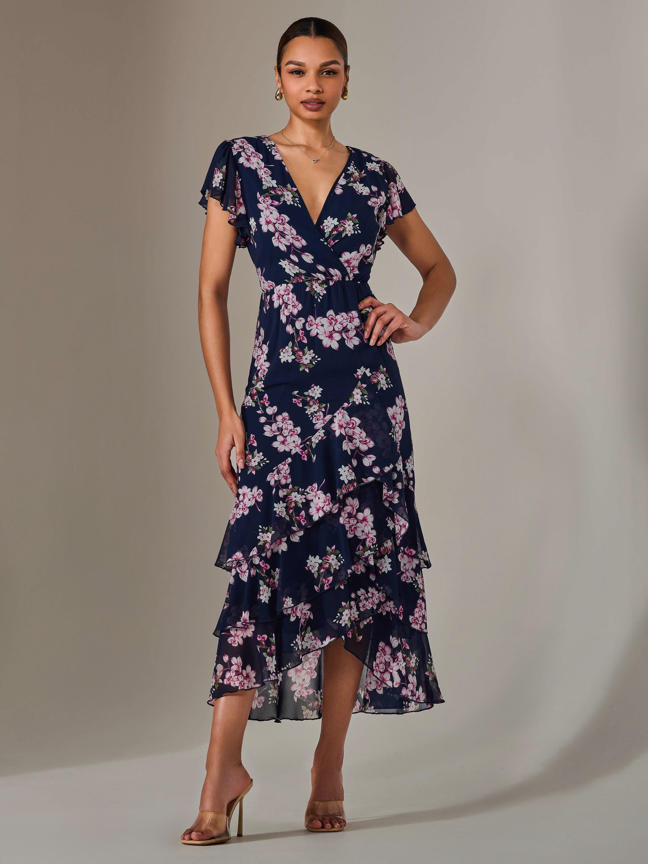 Product image 5 of 7, which shows Jolie Moi Floral Ruffle Maxi Dress, Navy, 8