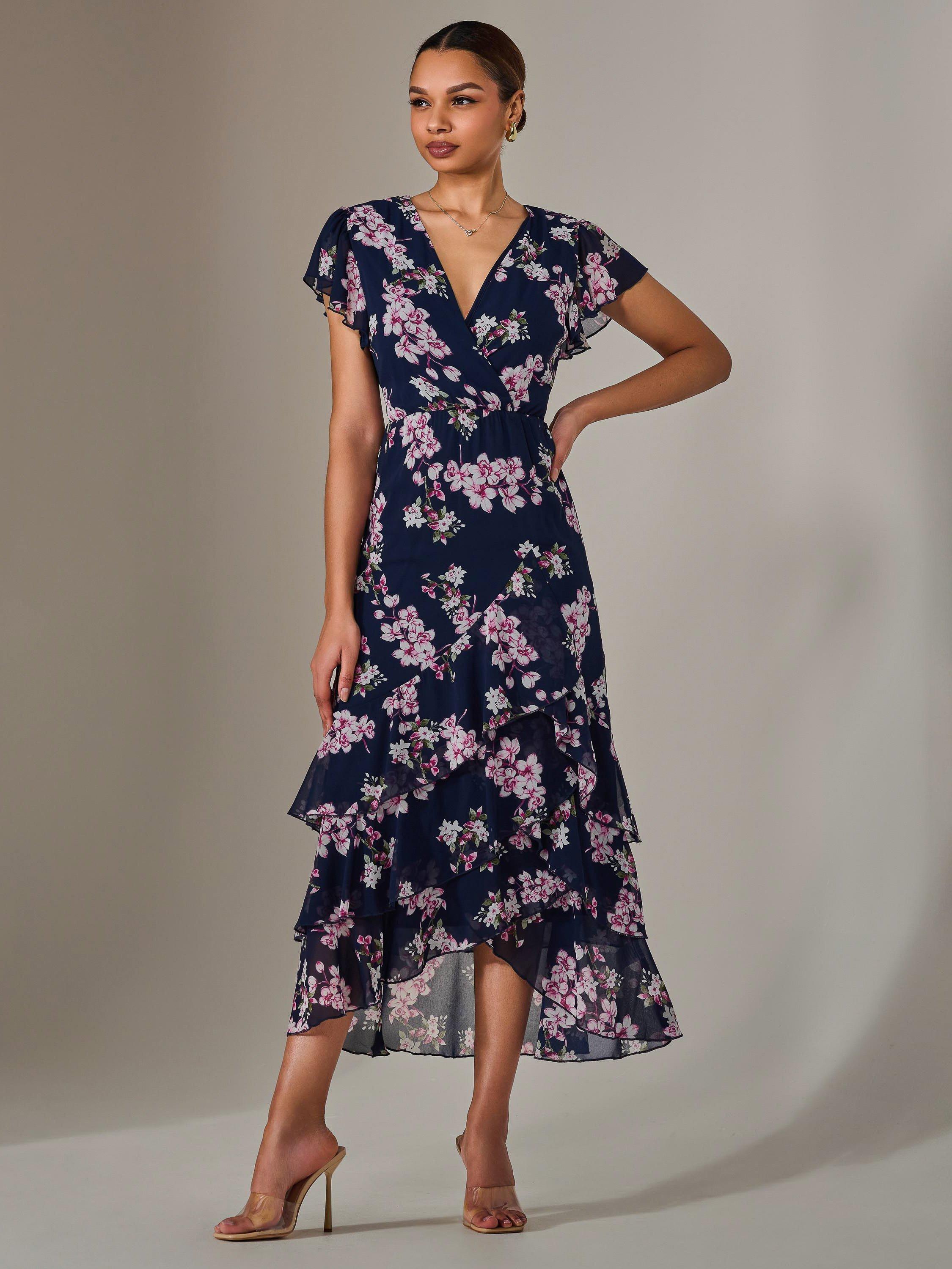 Product image 6 of 7, which shows Jolie Moi Floral Ruffle Maxi Dress, Navy, 8