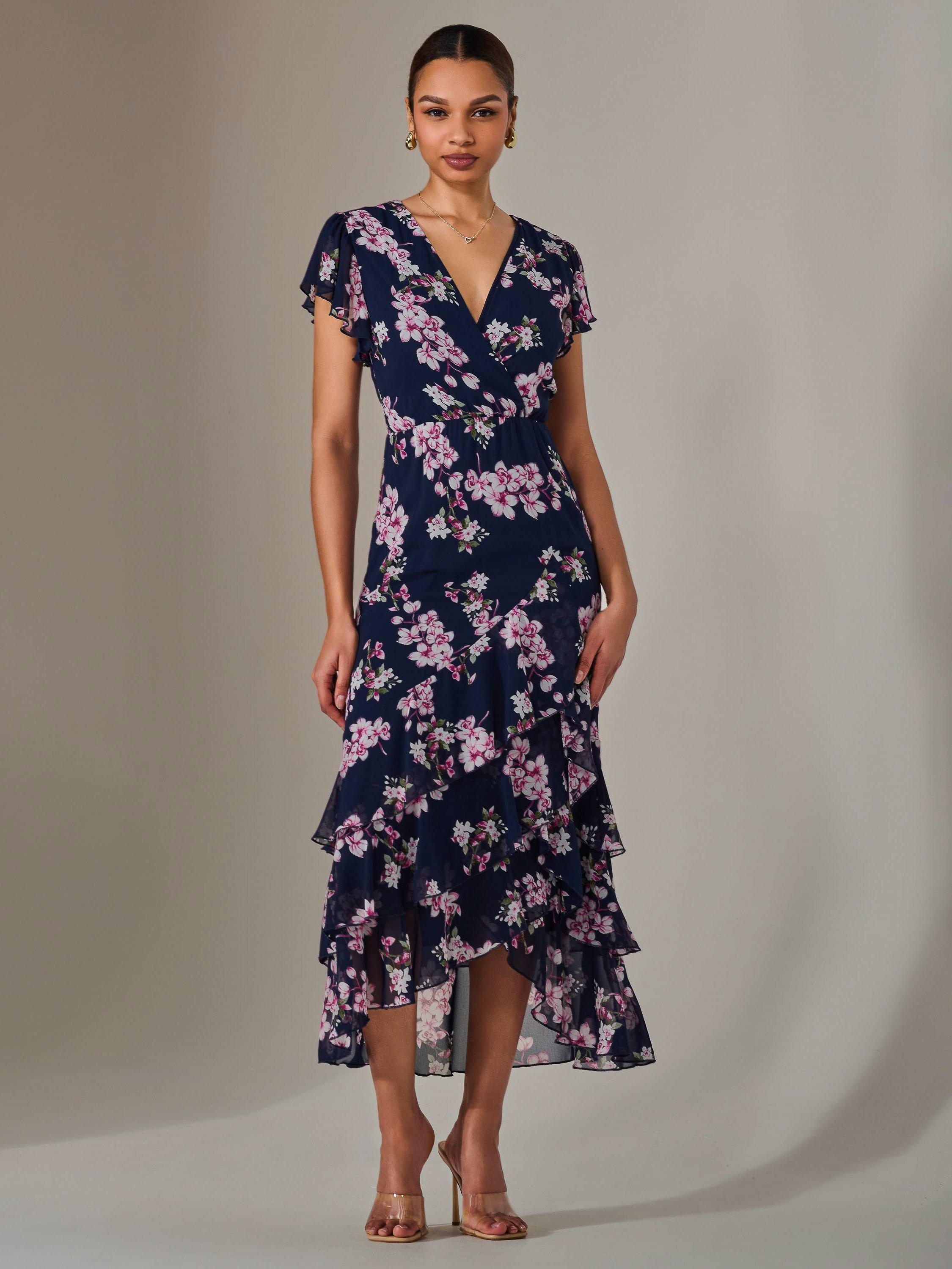 Product image 7 of 7, which shows Jolie Moi Floral Ruffle Maxi Dress, Navy, 8