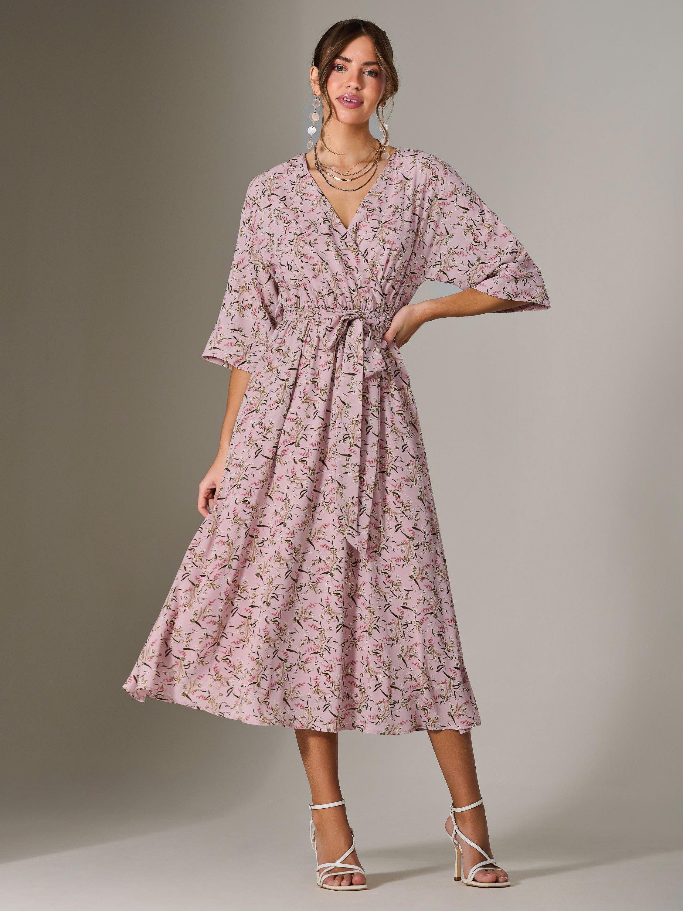 Product image 1 of 7, which shows Jolie Moi Floral Tie Waist Midi Dress, Pink, 8