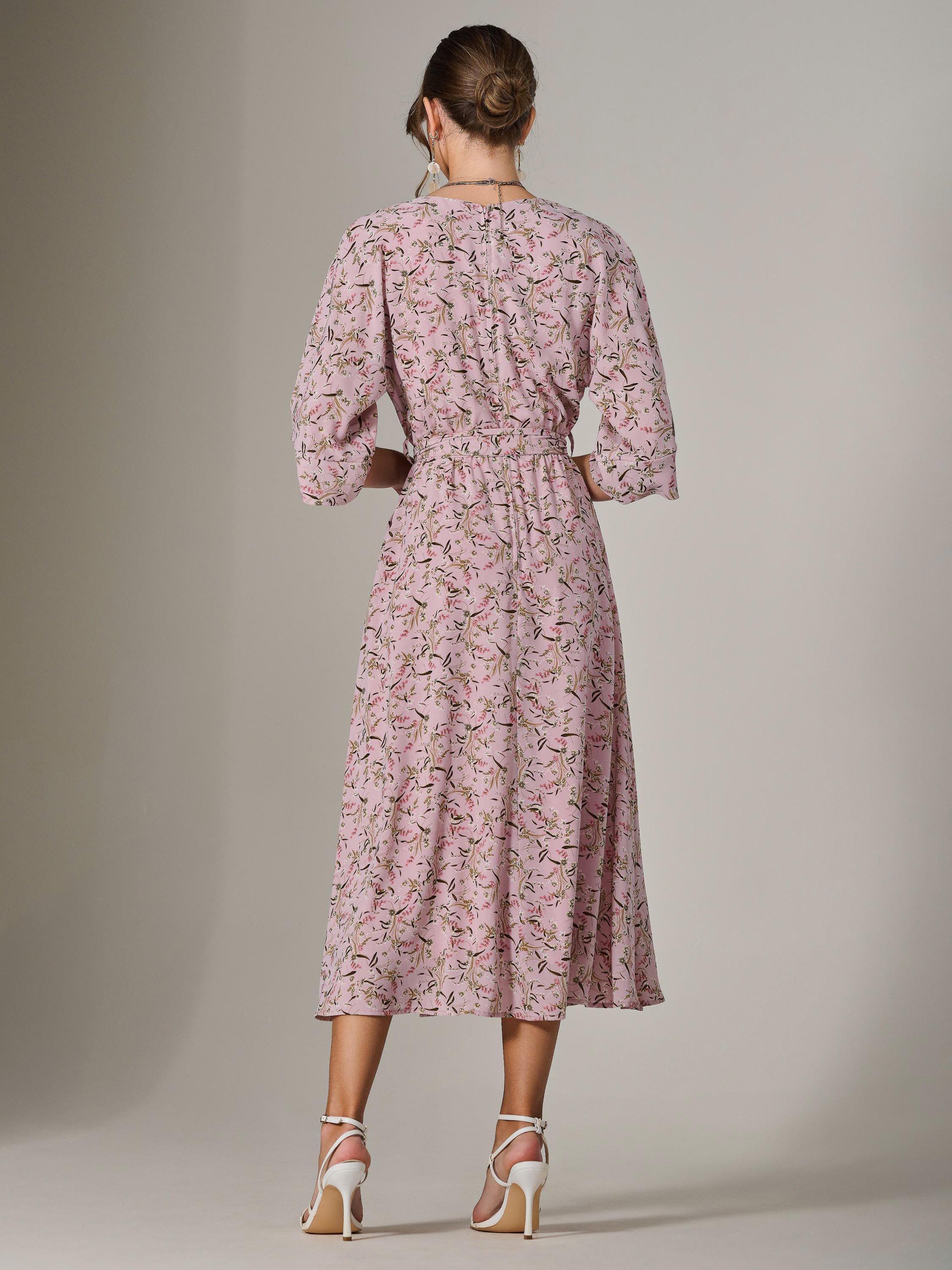 Product image 2 of 7, which shows Jolie Moi Floral Tie Waist Midi Dress, Pink, 8