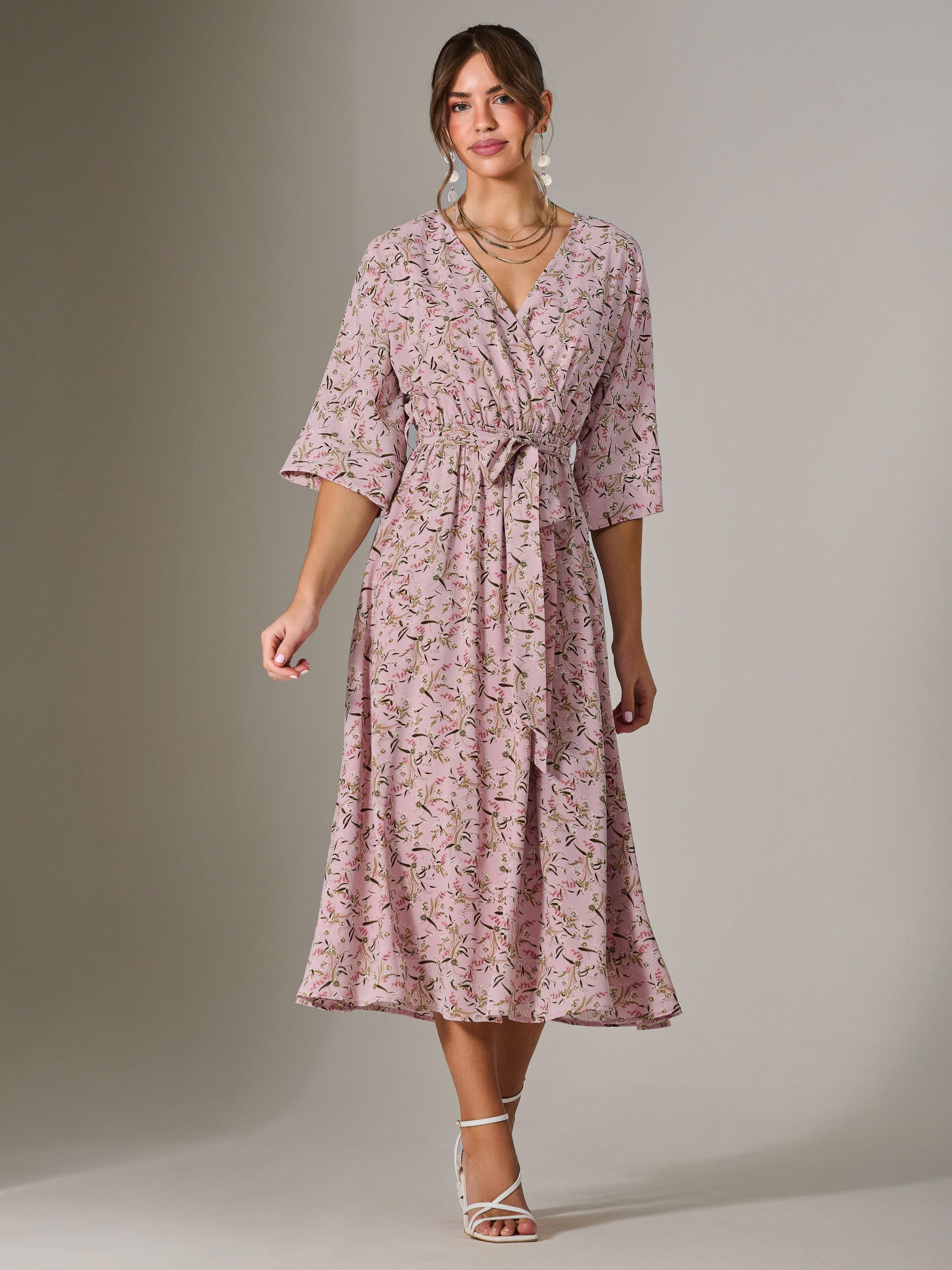 Product image 3 of 7, which shows Jolie Moi Floral Tie Waist Midi Dress, Pink, 8