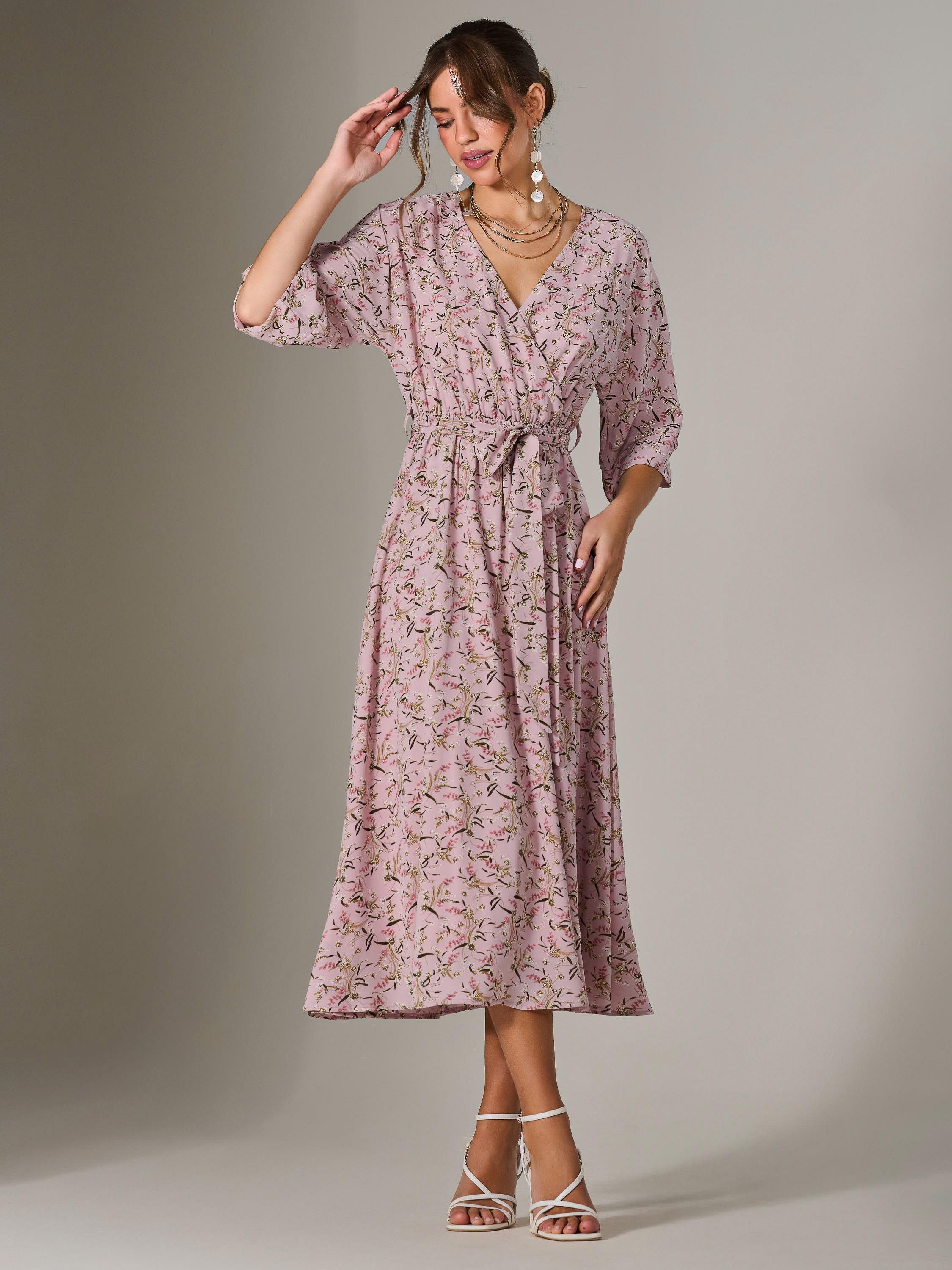 Product image 5 of 7, which shows Jolie Moi Floral Tie Waist Midi Dress, Pink, 8