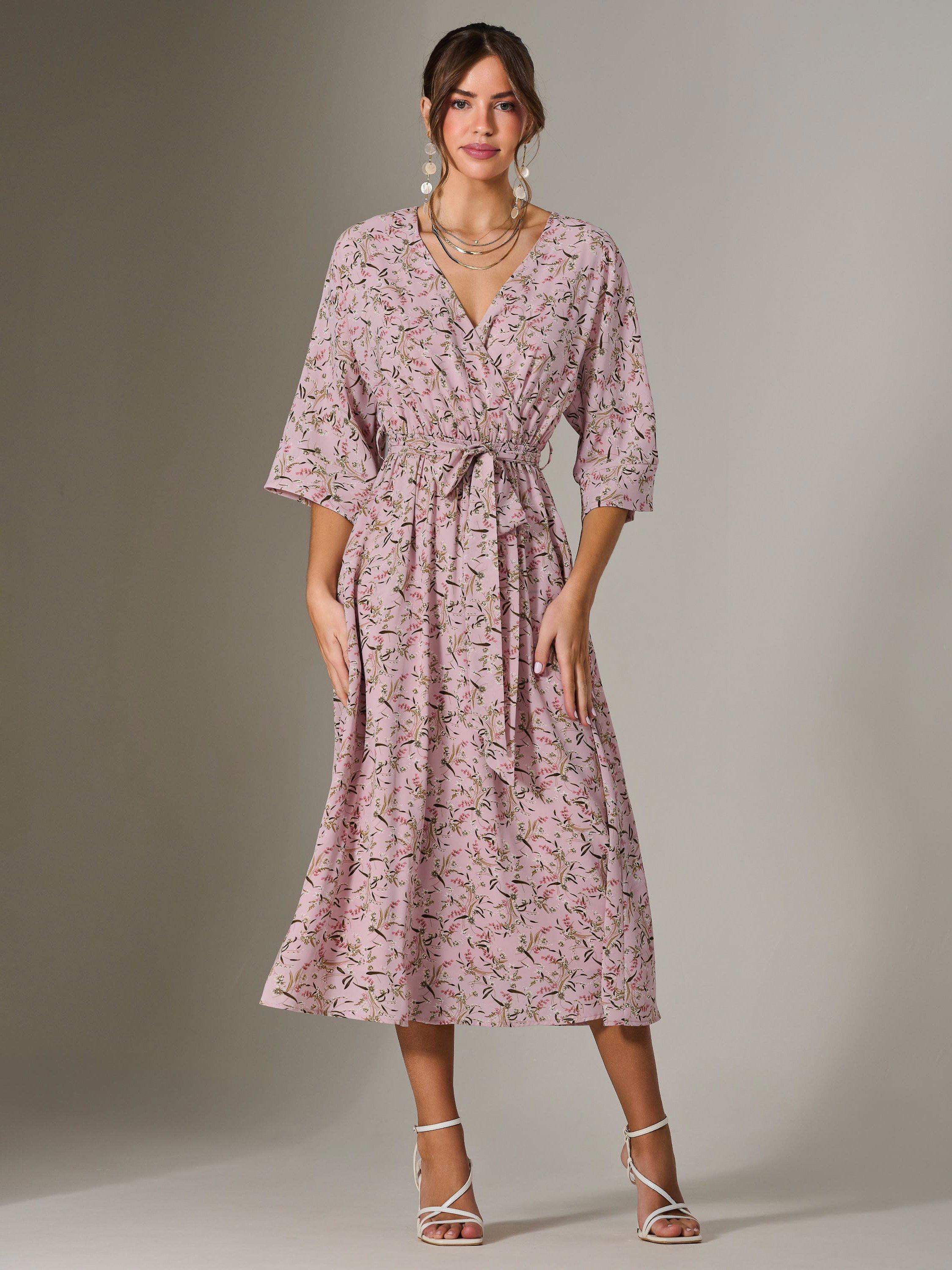 Product image 6 of 7, which shows Jolie Moi Floral Tie Waist Midi Dress, Pink, 8