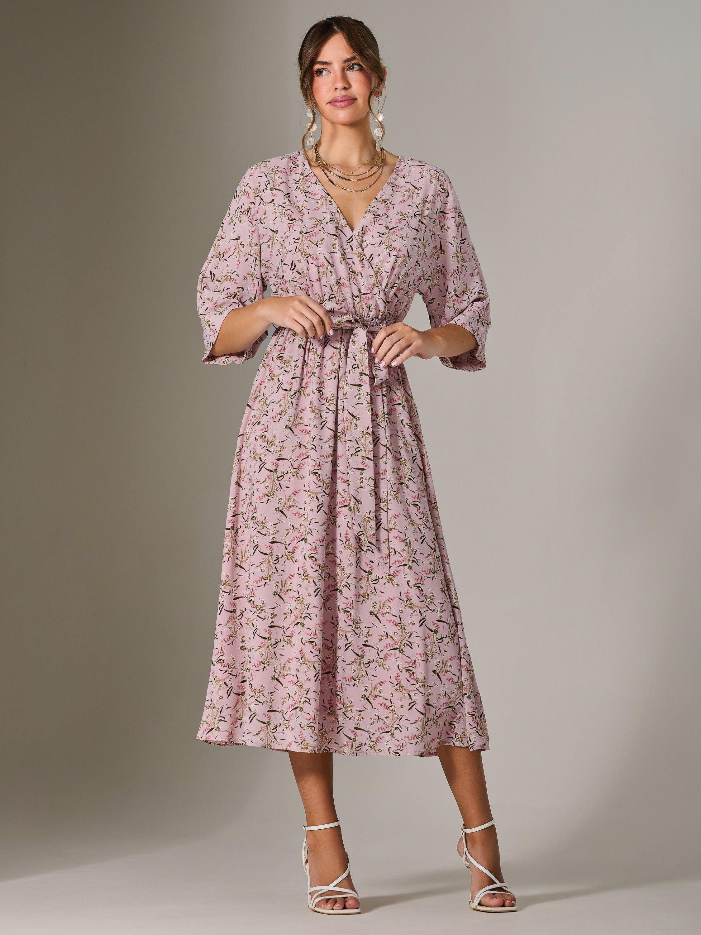 Product image 7 of 7, which shows Jolie Moi Floral Tie Waist Midi Dress, Pink, 8
