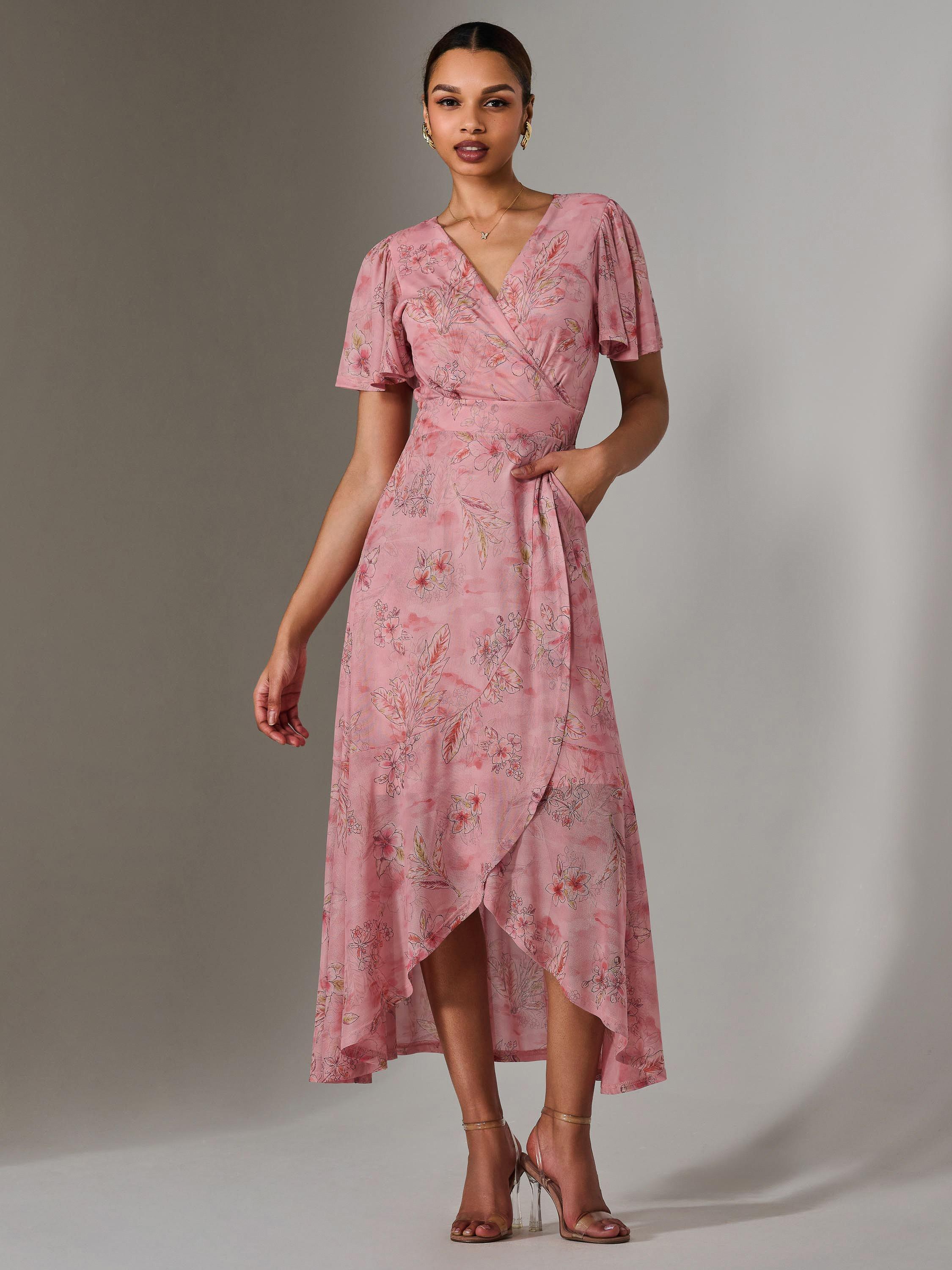 Product image 1 of 7, which shows Jolie Moi Floral Wrap Midaxi Dress, Pink, 8