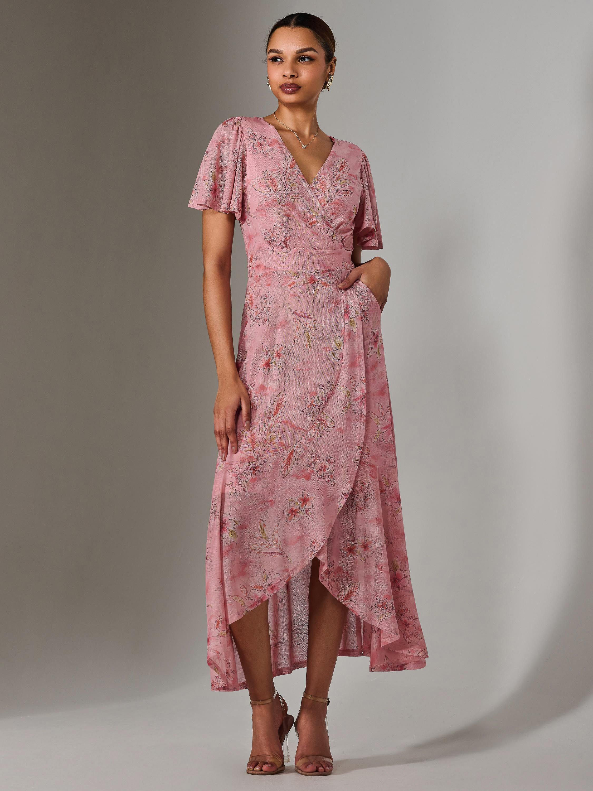 Product image 5 of 7, which shows Jolie Moi Floral Wrap Midaxi Dress, Pink, 8