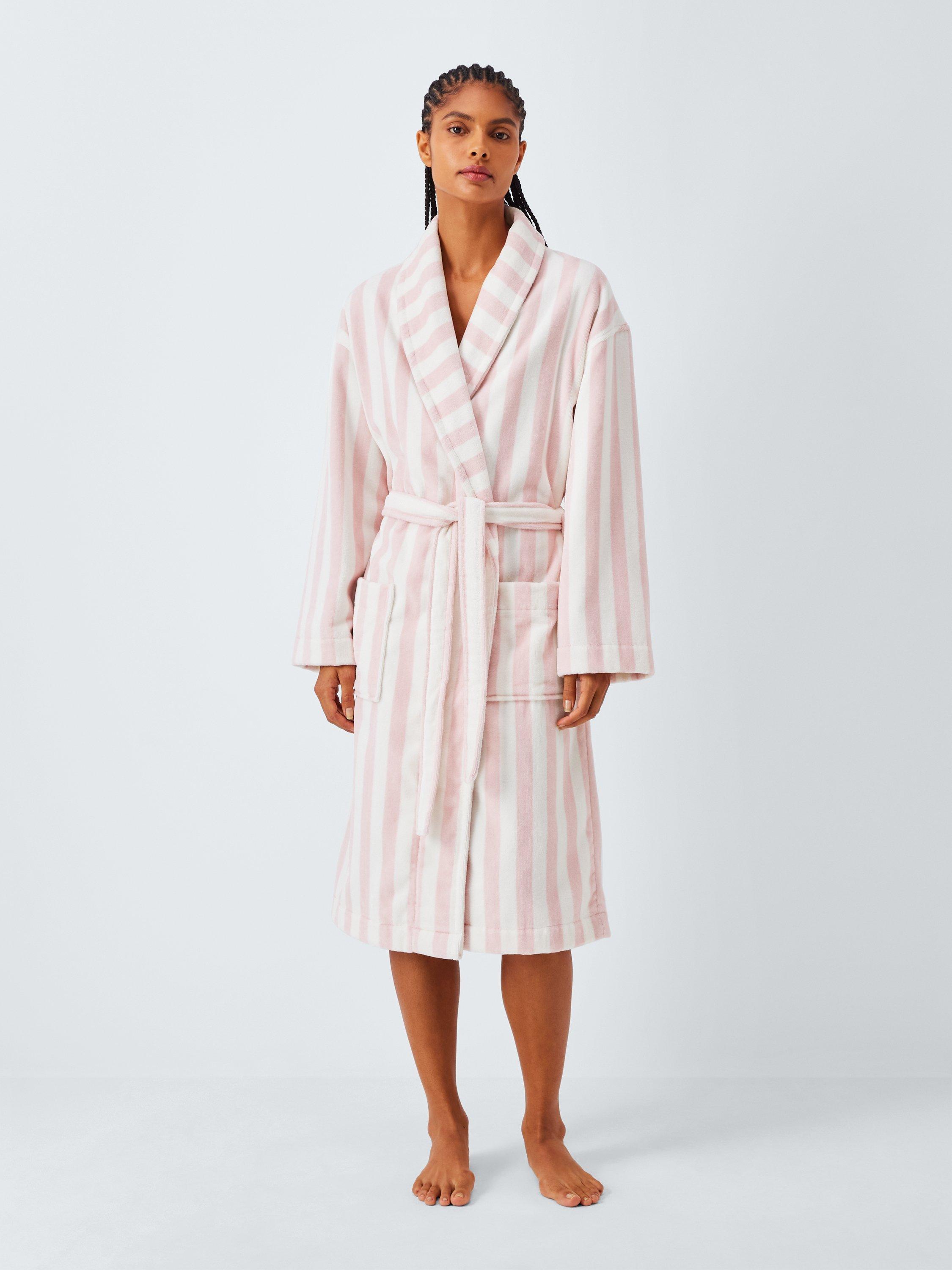 Product image 1 of 6, which shows John Lewis Stripe Towelling Dressing Gown, Pink/Ivory, S