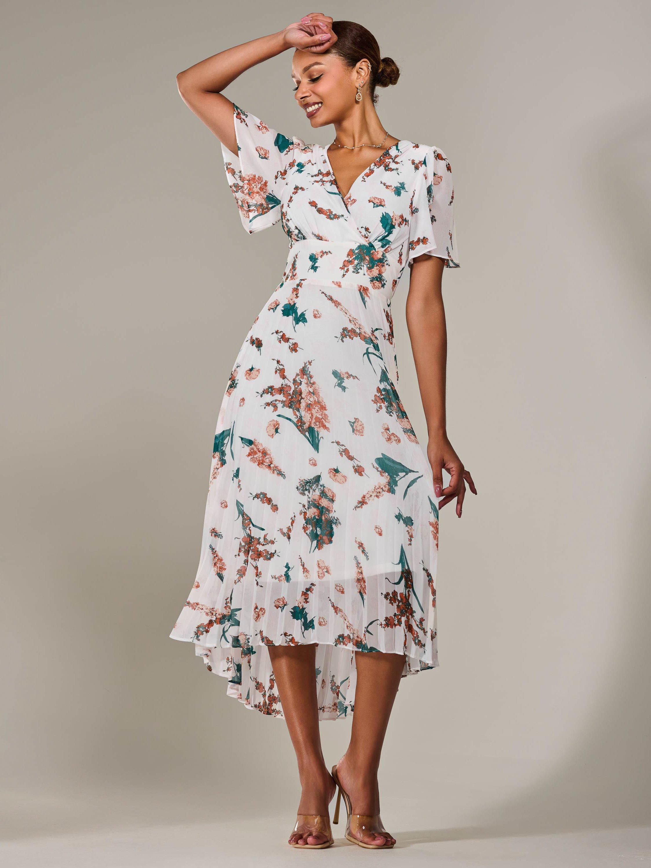 Product image 1 of 7, which shows Jolie Moi Floral Pleated Dress, Beige, 8