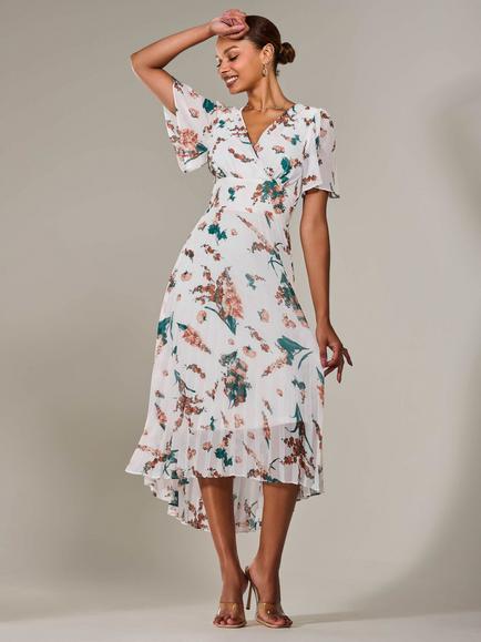 Jolie Moi Floral Pleated Dress, Beige, Beige