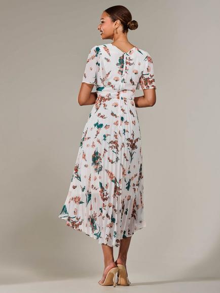 Jolie Moi Floral Pleated Dress, Beige - view 2, Beige