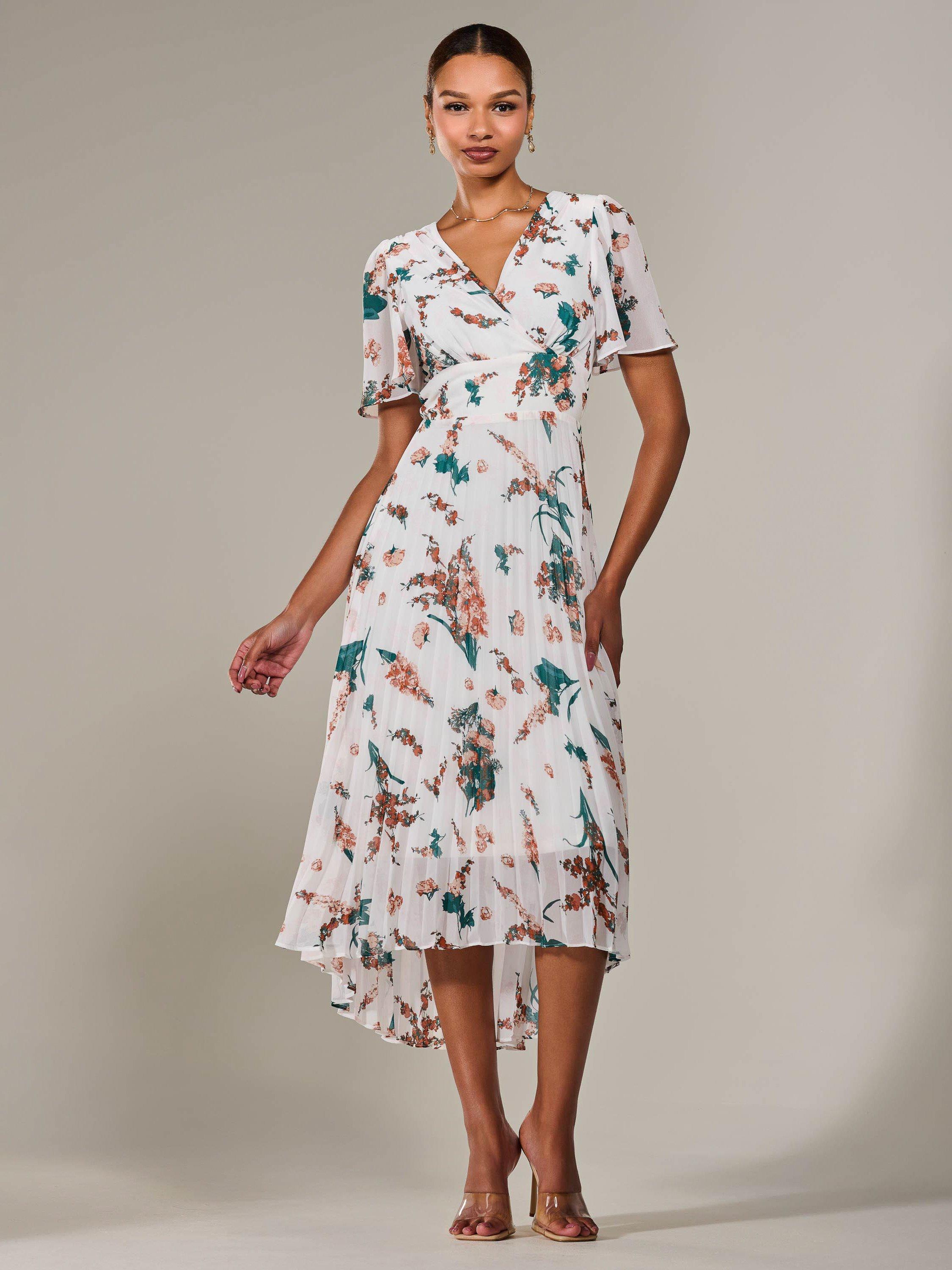 Product image 3 of 7, which shows Jolie Moi Floral Pleated Dress, Beige, 8