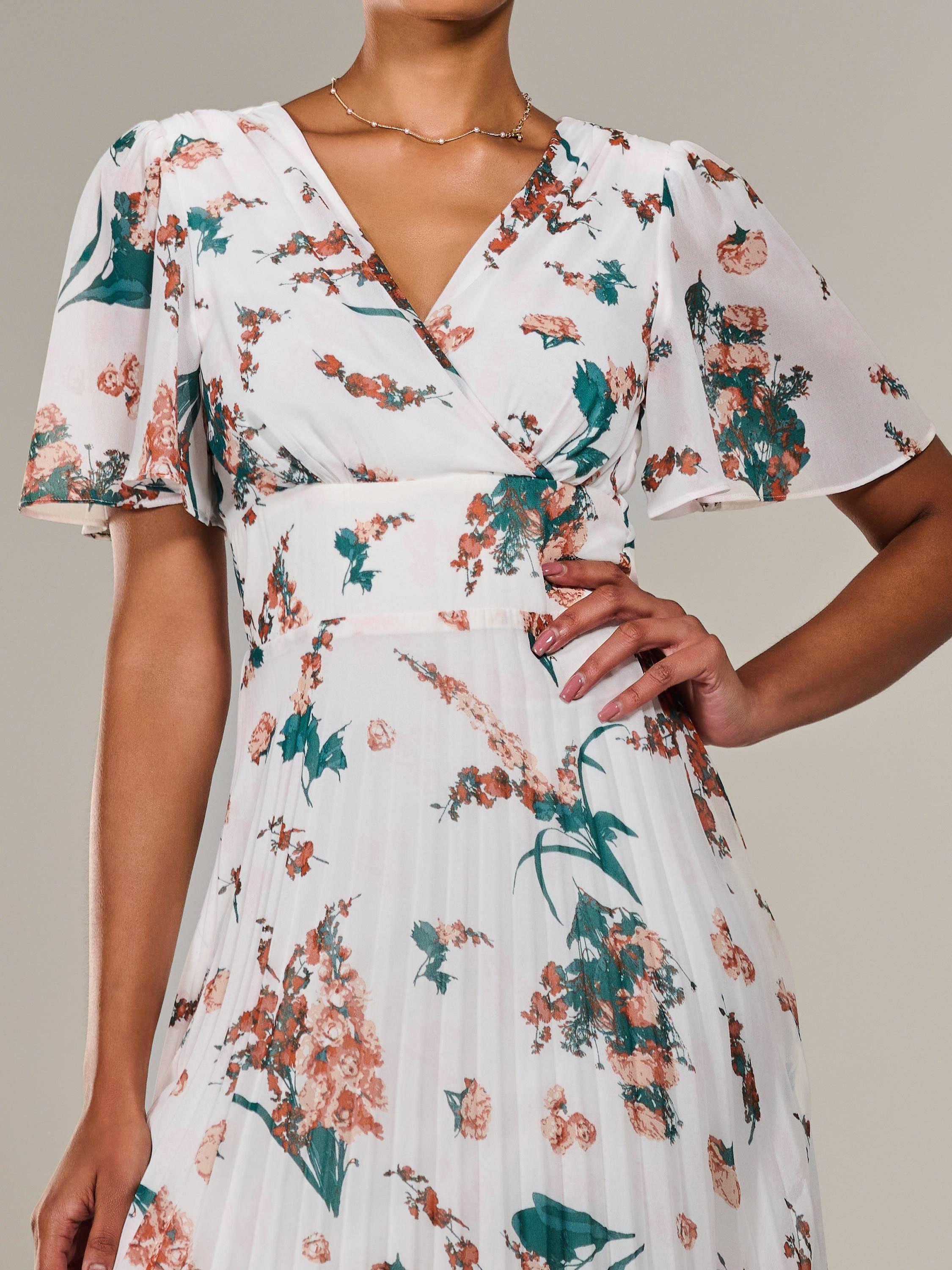 Product image 4 of 7, which shows Jolie Moi Floral Pleated Dress, Beige, 8