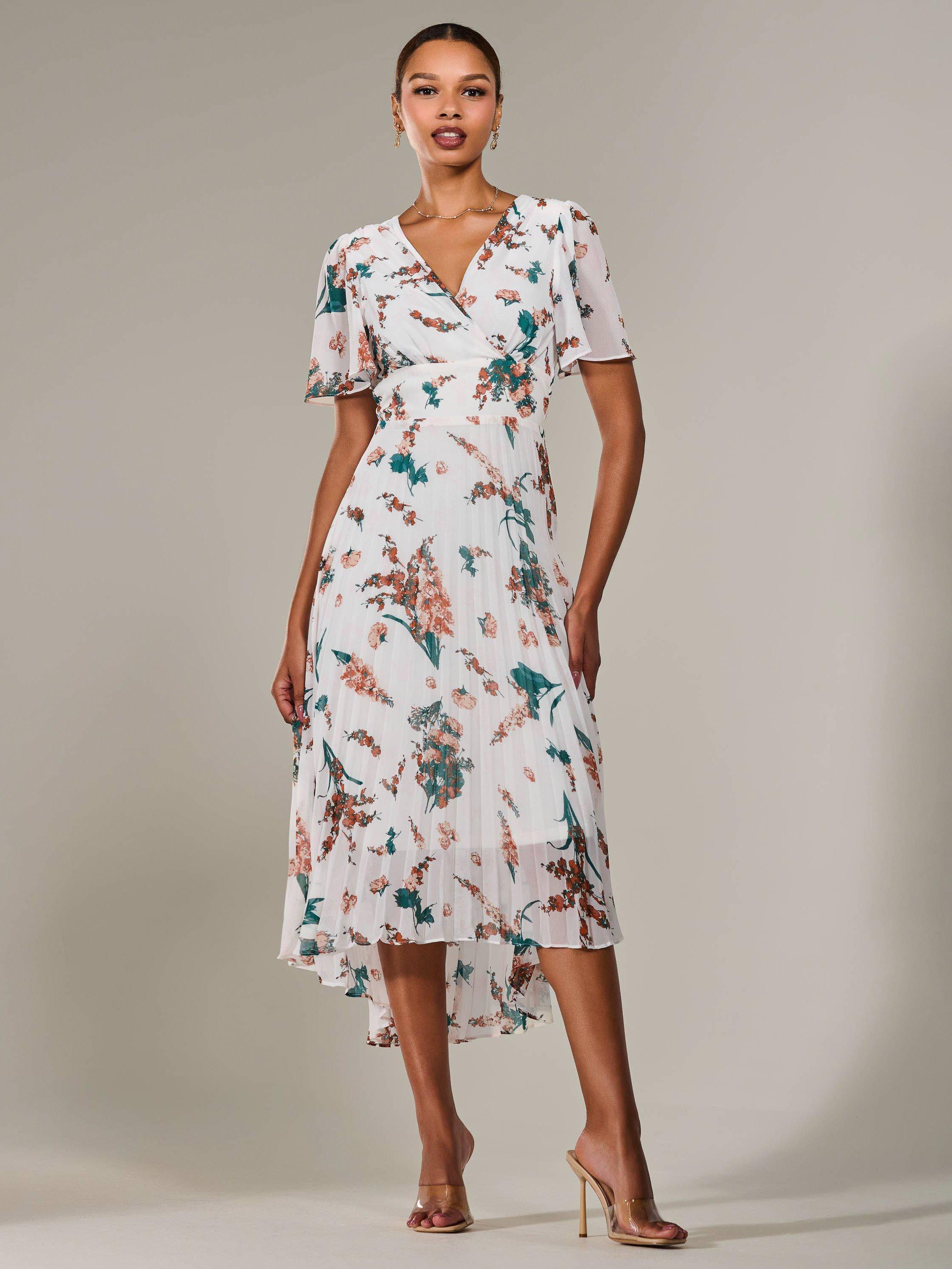 Product image 5 of 7, which shows Jolie Moi Floral Pleated Dress, Beige, 8
