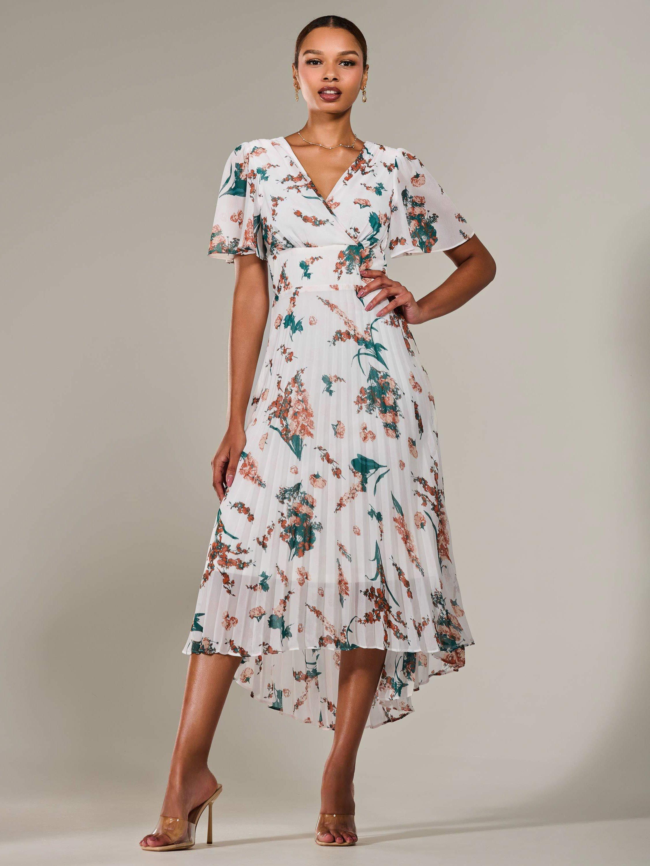 Product image 6 of 7, which shows Jolie Moi Floral Pleated Dress, Beige, 8