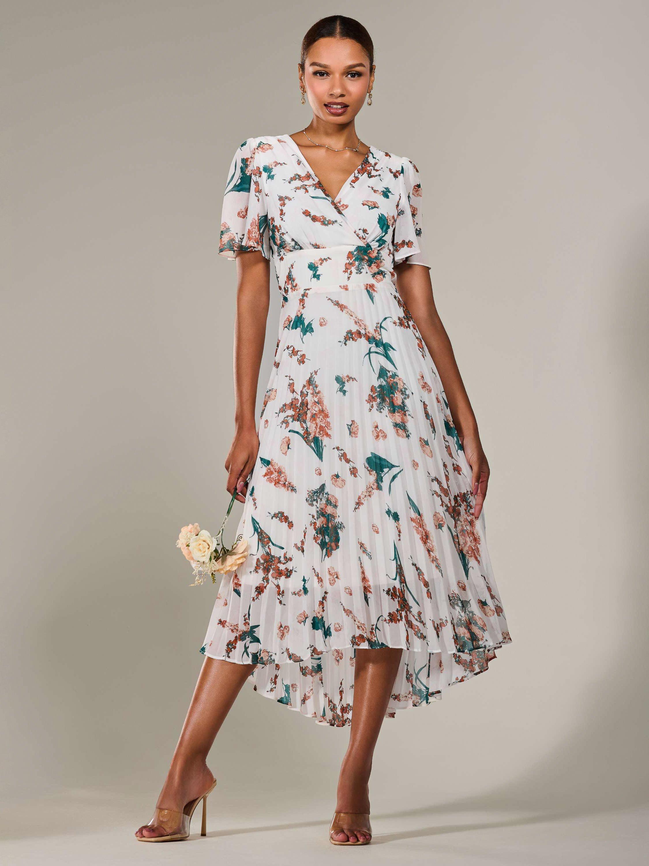Product image 7 of 7, which shows Jolie Moi Floral Pleated Dress, Beige, 8