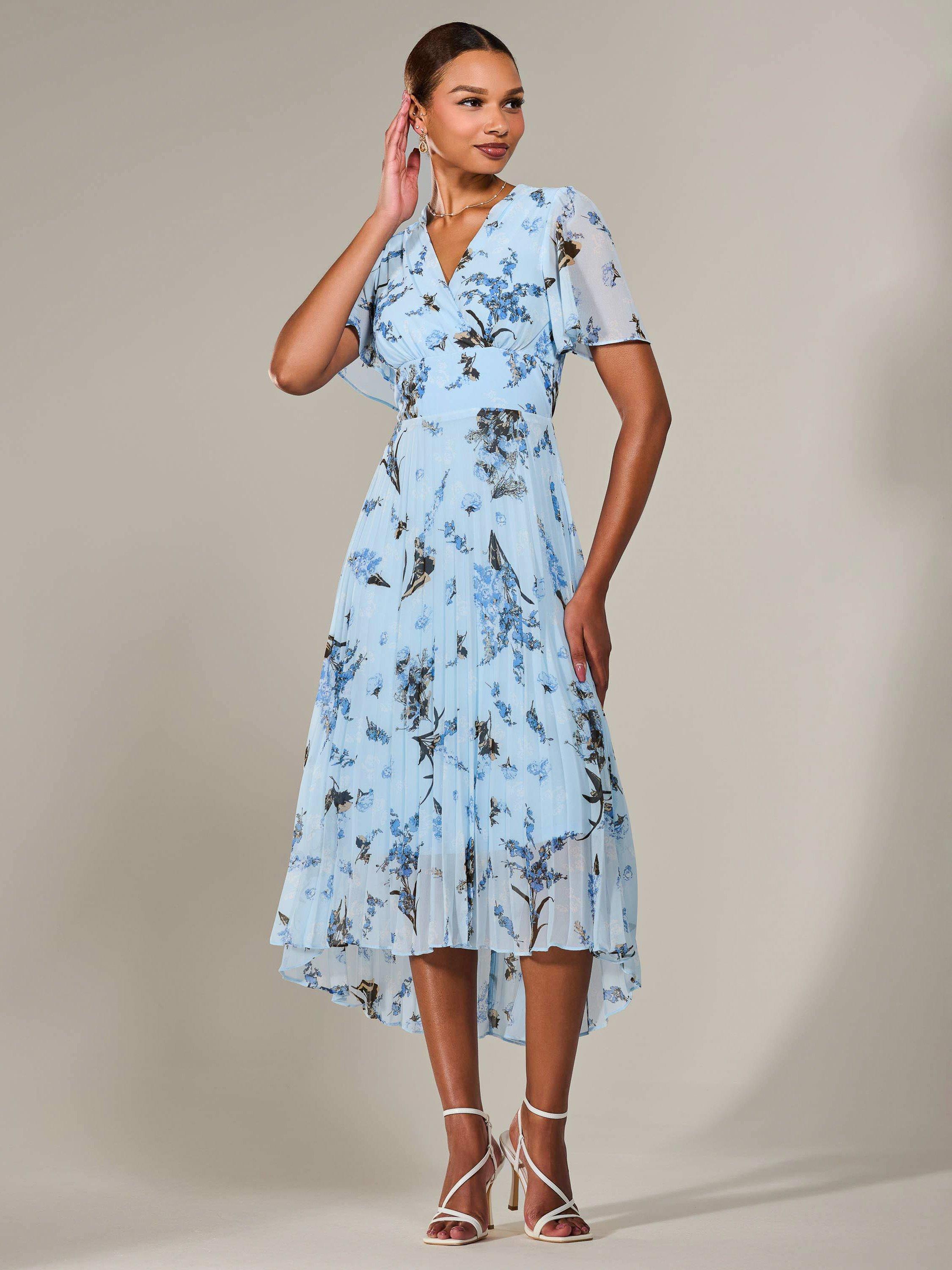 Product image 1 of 7, which shows Jolie Moi Floral Pleated Dress, Blue/Multi, 8