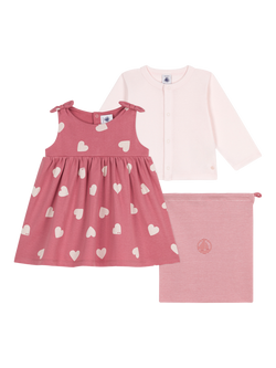 Petit Bateau Baby Heart Dress & Cardigan Set, Rosewood/Multico, Rosewood/Multico
