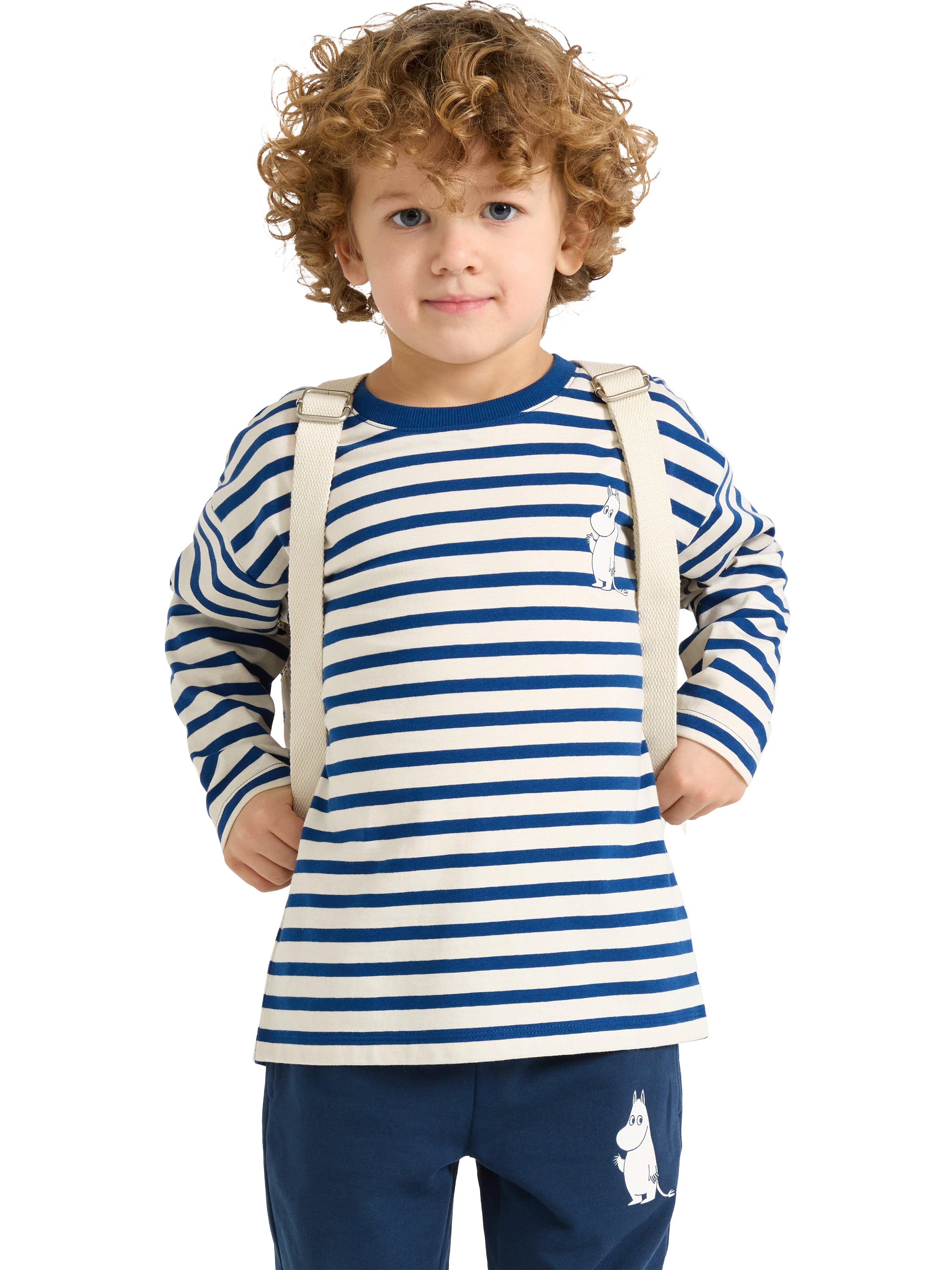 Product image 1 of 6, which shows Lindex Baby Cotton Stripe Moomin Print Long Sleeve T-Shirt, Dark Blue, 2-3 years