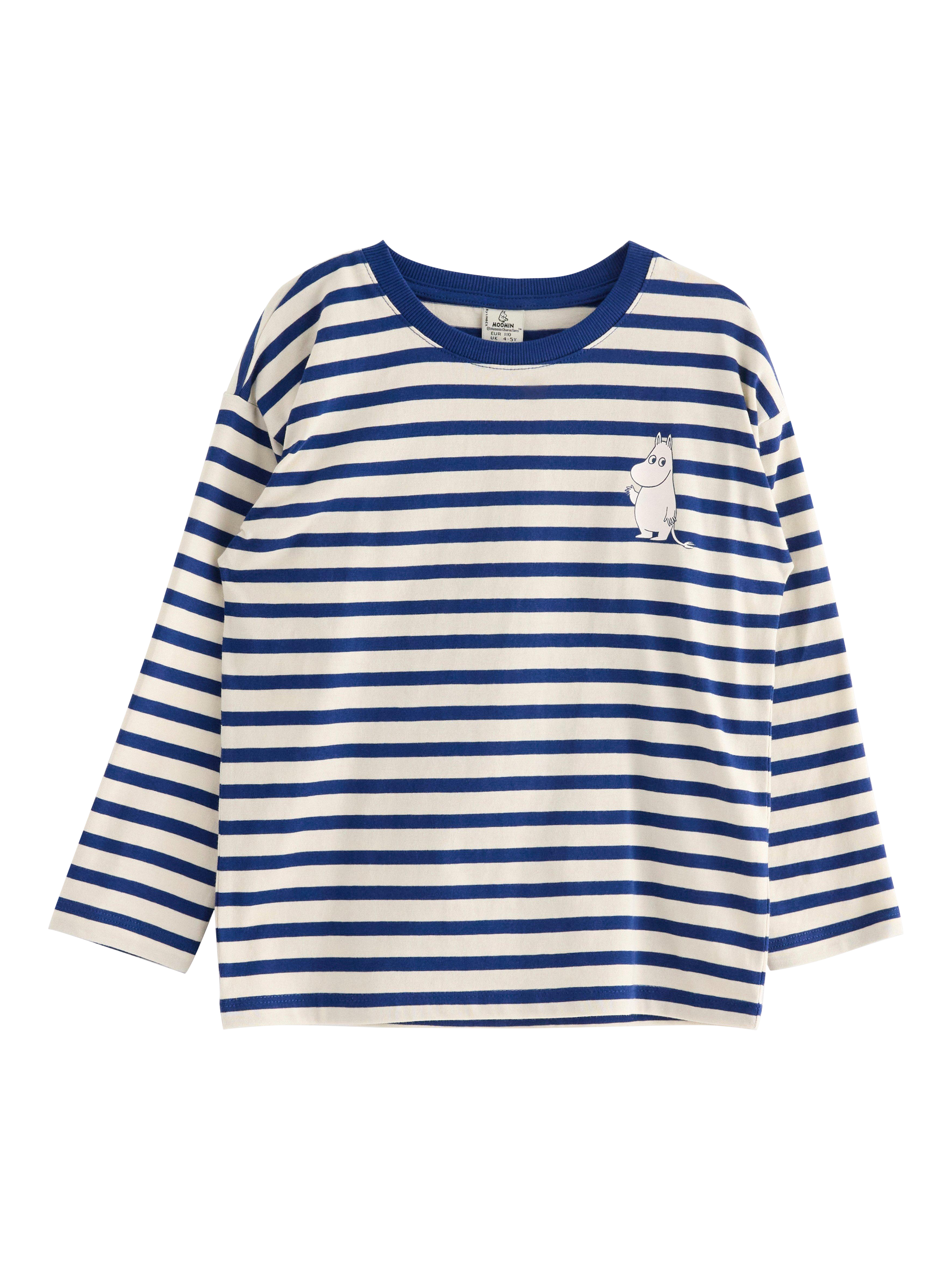 Product image 4 of 6, which shows Lindex Baby Cotton Stripe Moomin Print Long Sleeve T-Shirt, Dark Blue, 2-3 years