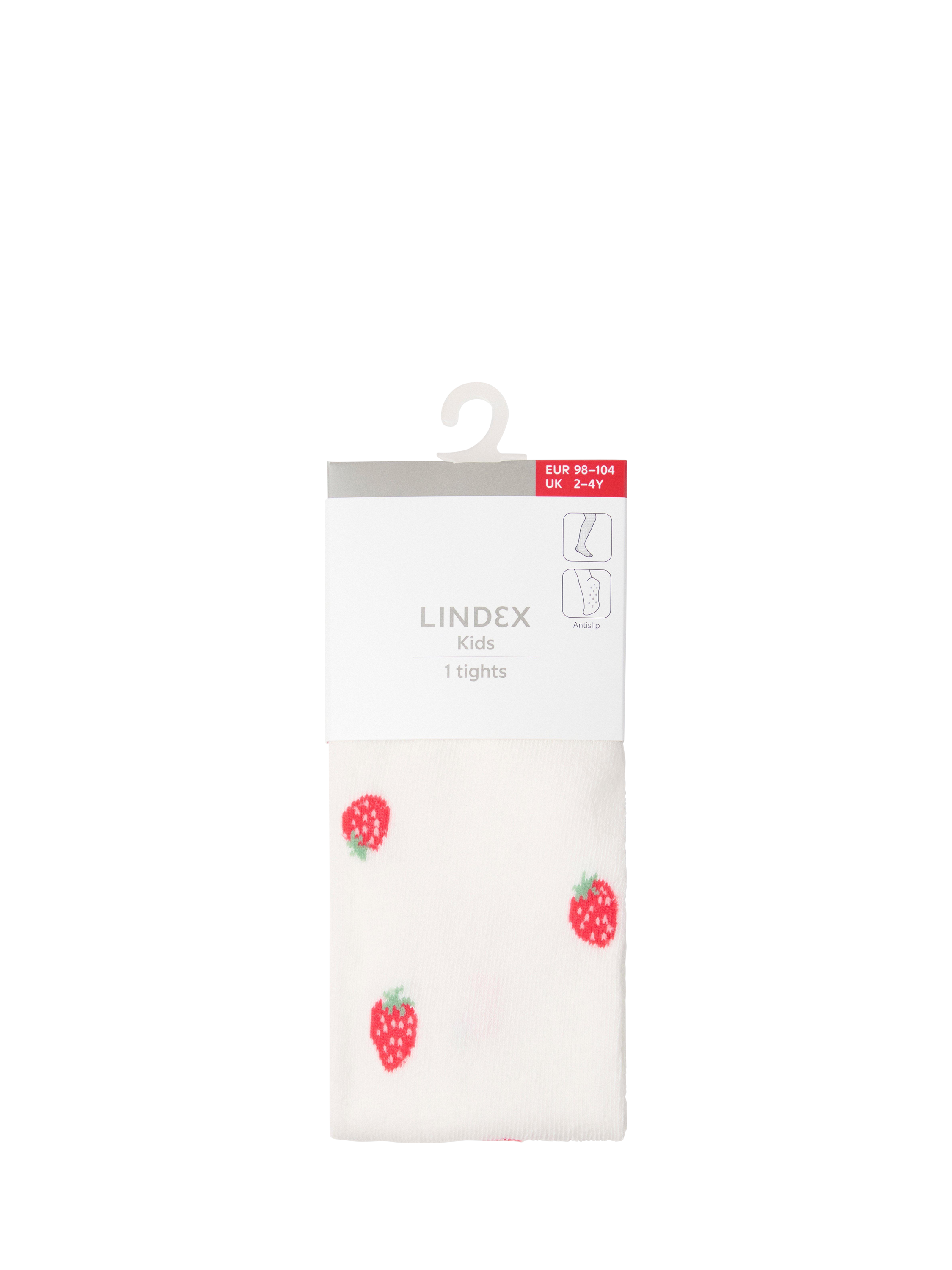Product image 2 of 3, which shows Lindex Kids' Strawberry Print Tights, Off White, 2-4 years