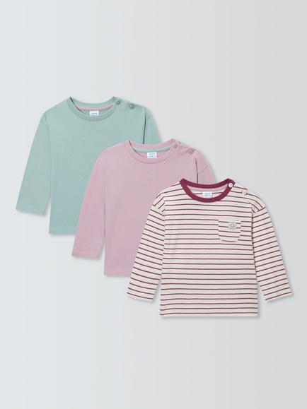 John Lewis Baby Cotton Long Sleeve T-Shirt, Pack of 3, Pink, Pink