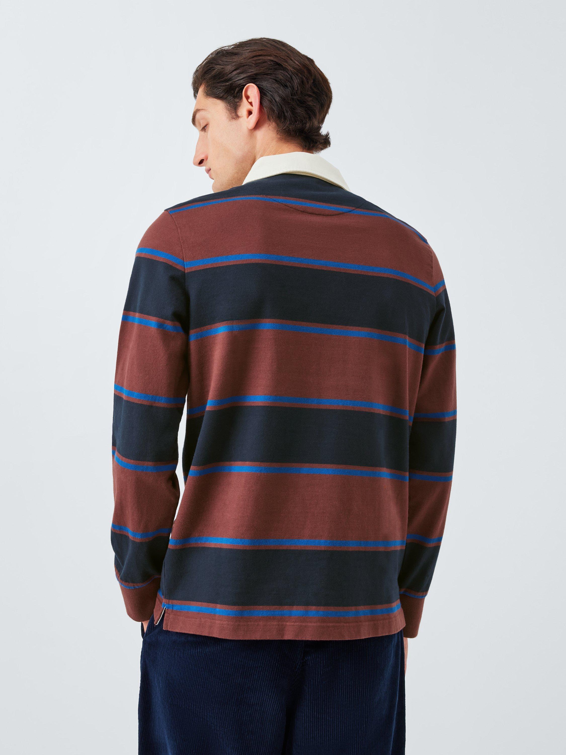 Product image 2 of 5, which shows John Lewis Stripe Cotton Rugby Shirt, Navy/Brown/Blue, M