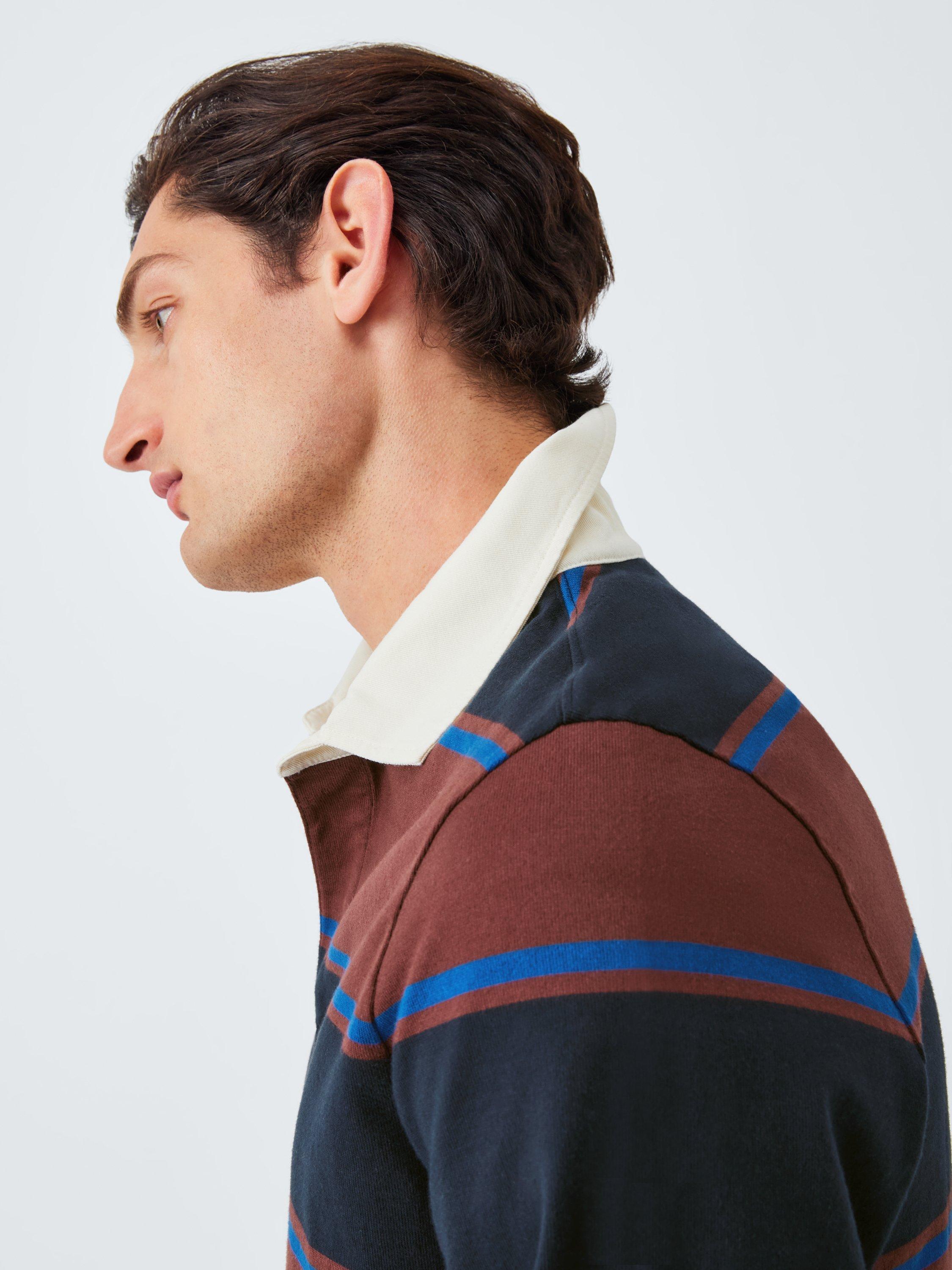Product image 4 of 5, which shows John Lewis Stripe Cotton Rugby Shirt, Navy/Brown/Blue, M