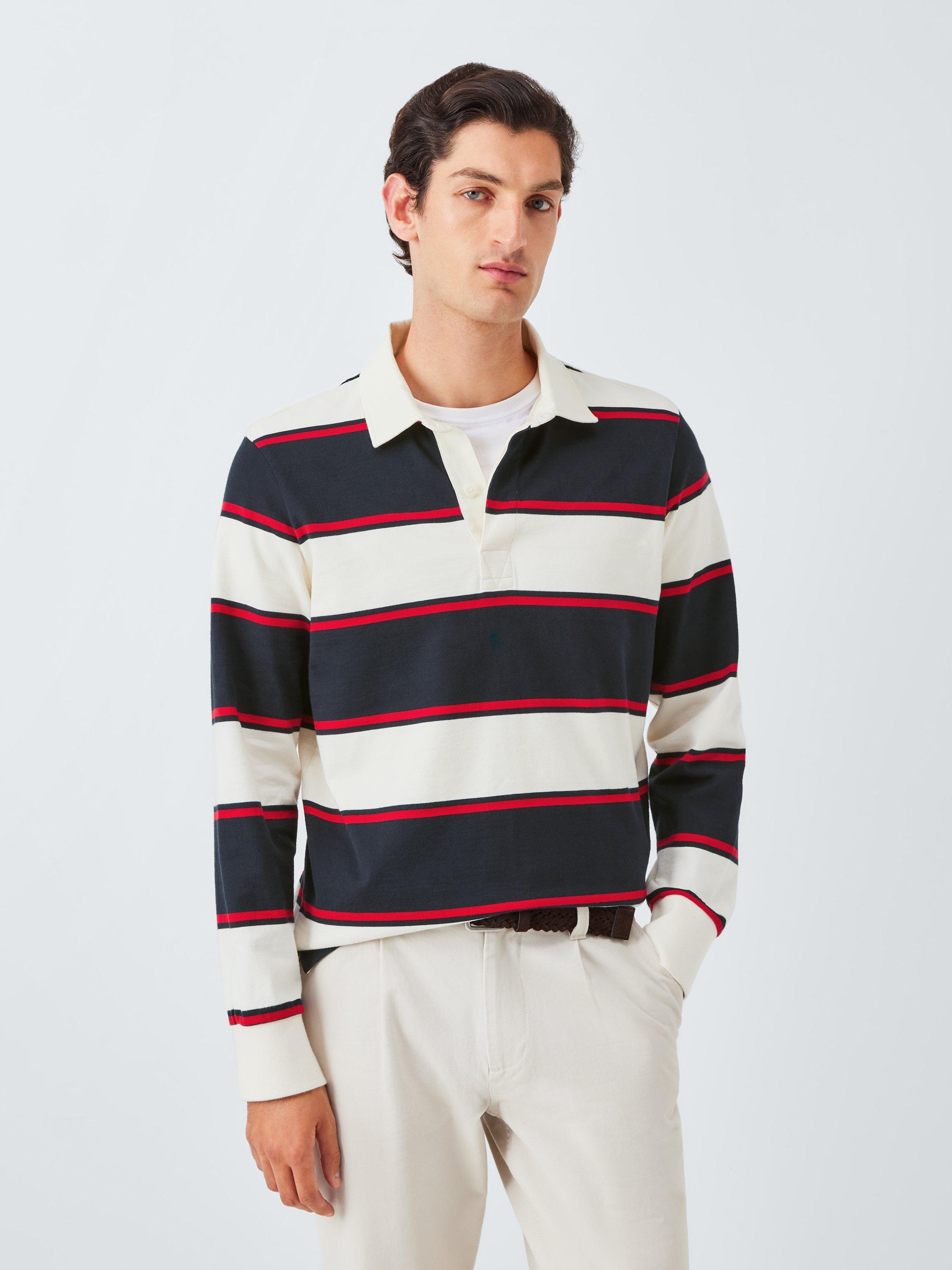 Product image 1 of 5, which shows John Lewis Stripe Cotton Rugby Shirt, Navy/Egret/Red, L
