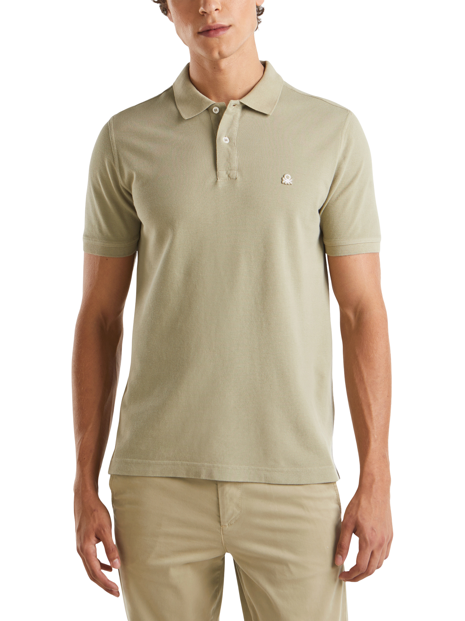 Product image 1 of 4, which shows Benetton Cotton Regular Fit Short Sleeve Polo Shirt, Military Green, S