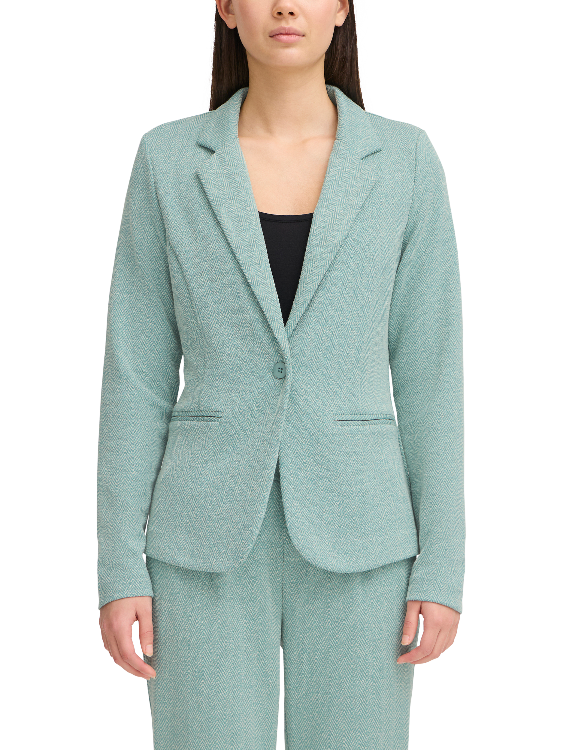 Product image 1 of 7, which shows ICHI Kate Herringbone Jacquard Fitted Blazer, Beryl Green/Almond, XS
