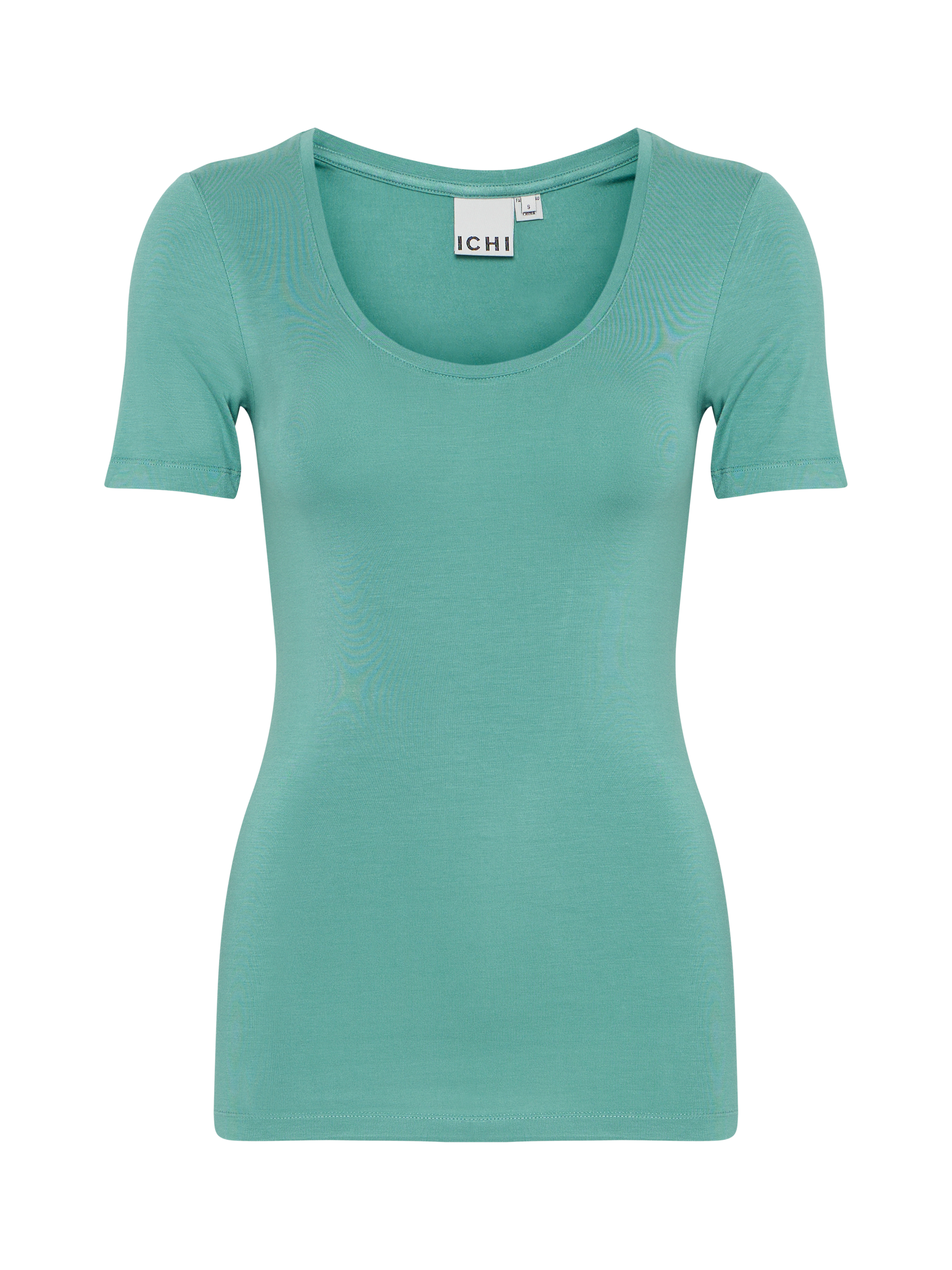 Product image 1 of 3, which shows ICHI Zola Fitted Scoop Neck T-Shirt, Beryl Green, XS