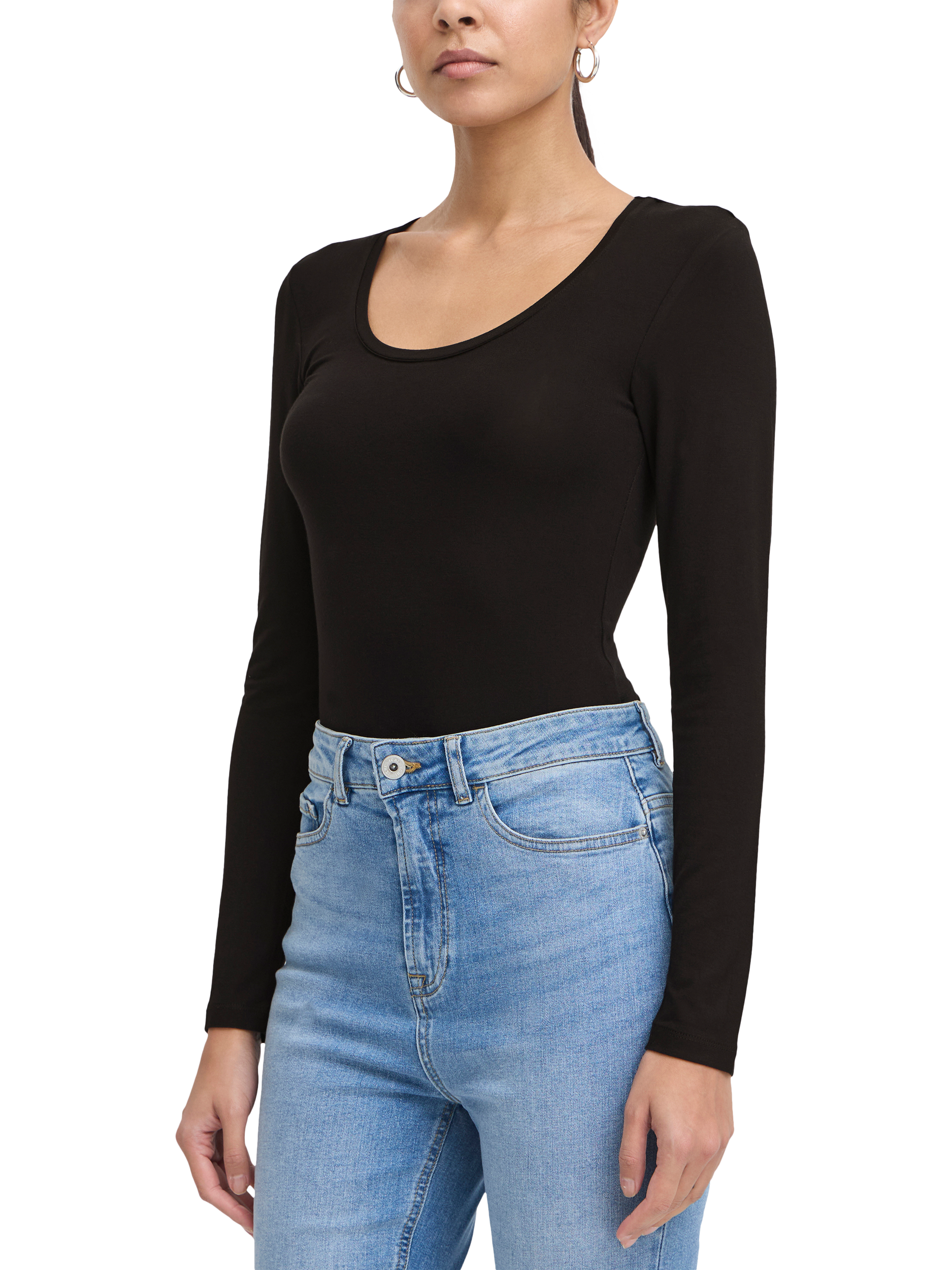 Product image 1 of 7, which shows ICHI Zola Scoop Neck Long Sleeve Top, Black, XS