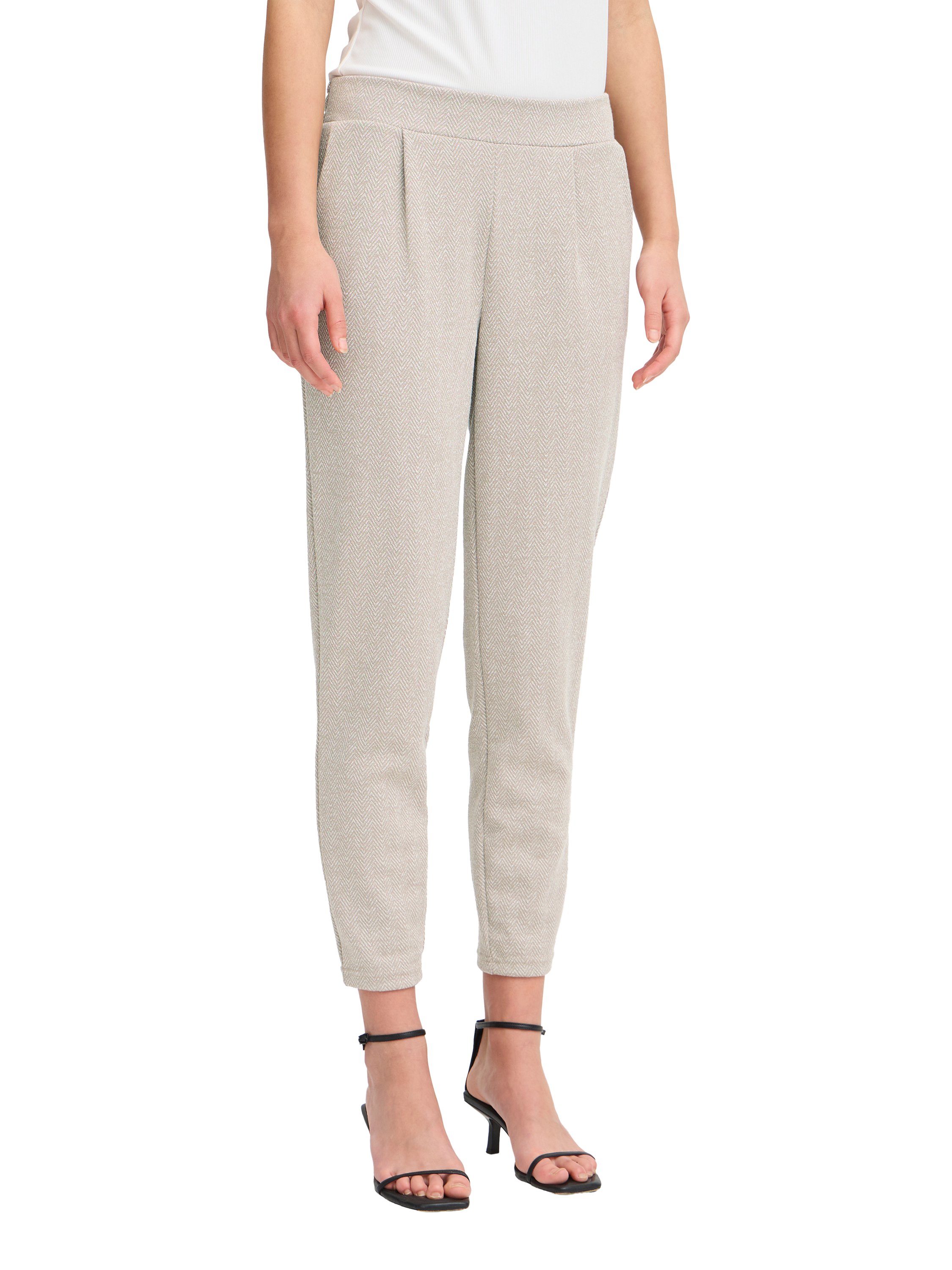 Product image 1 of 7, which shows ICHI Kate Herringbone Jacquard Slim Trousers, Fungi/Almond Milk, XS