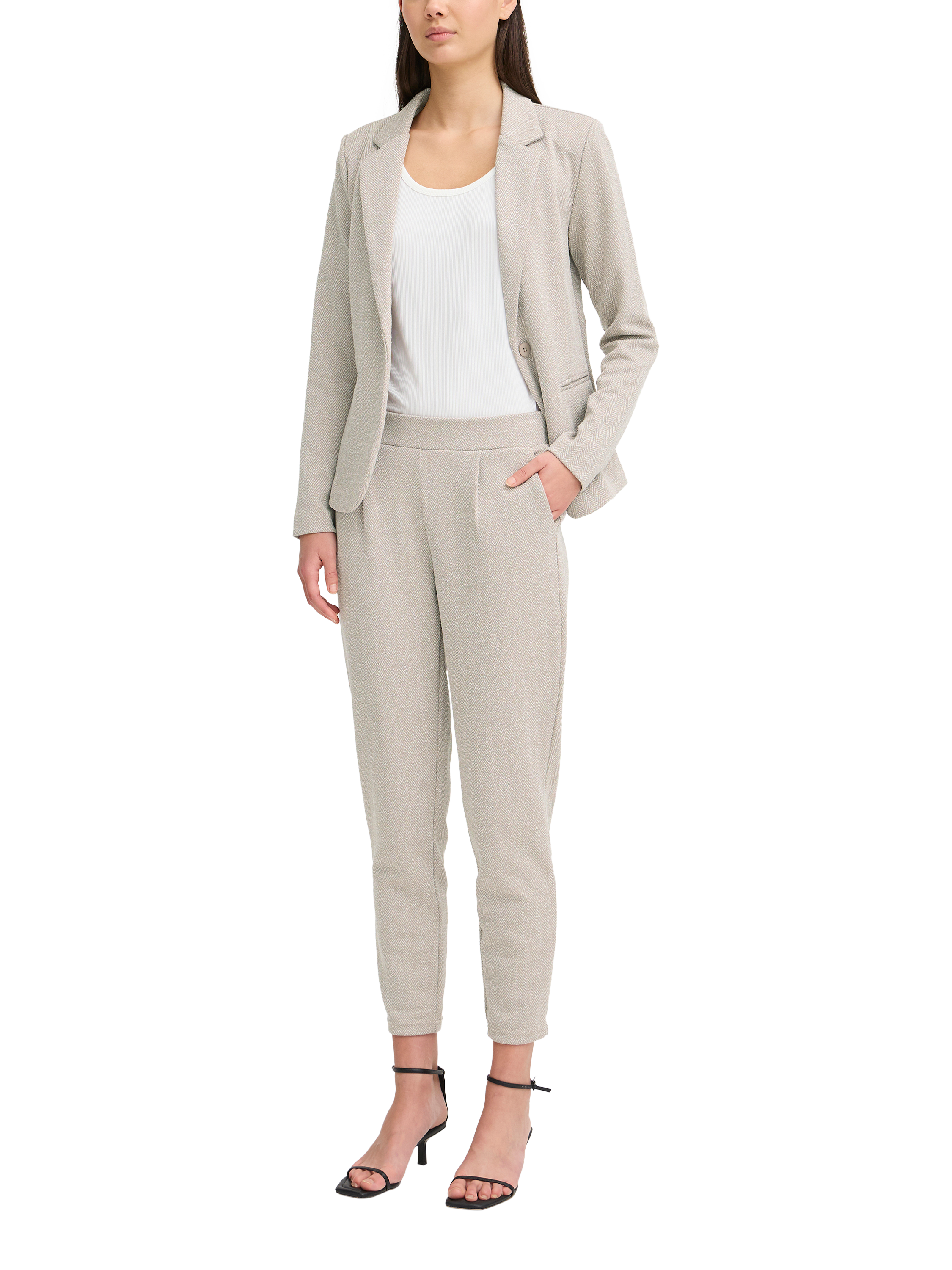 Product image 3 of 7, which shows ICHI Kate Herringbone Jacquard Slim Trousers, Fungi/Almond Milk, XS