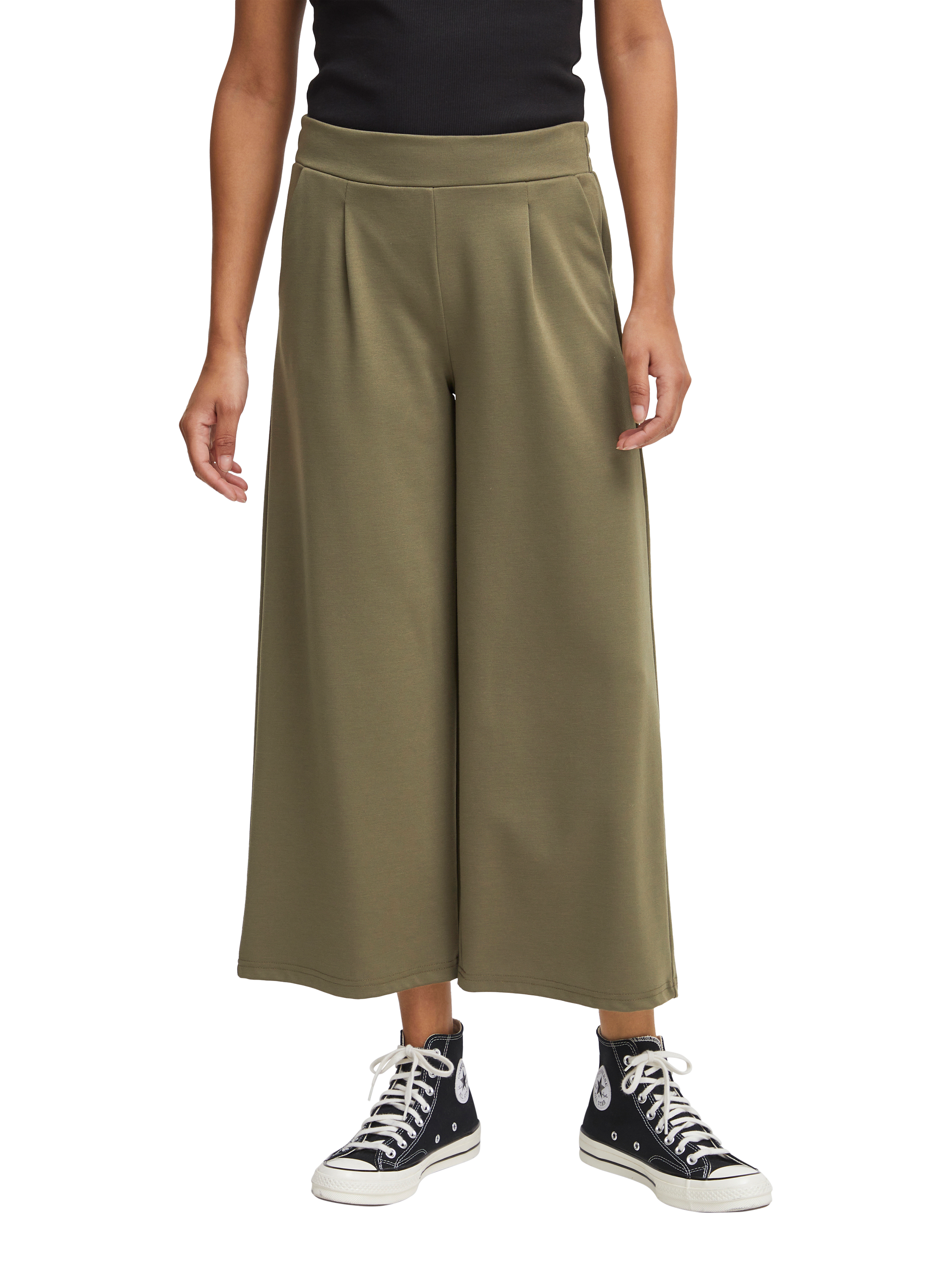 Product image 1 of 7, which shows ICHI Kate Cropped Wide Leg Trousers, Kalamata, XS