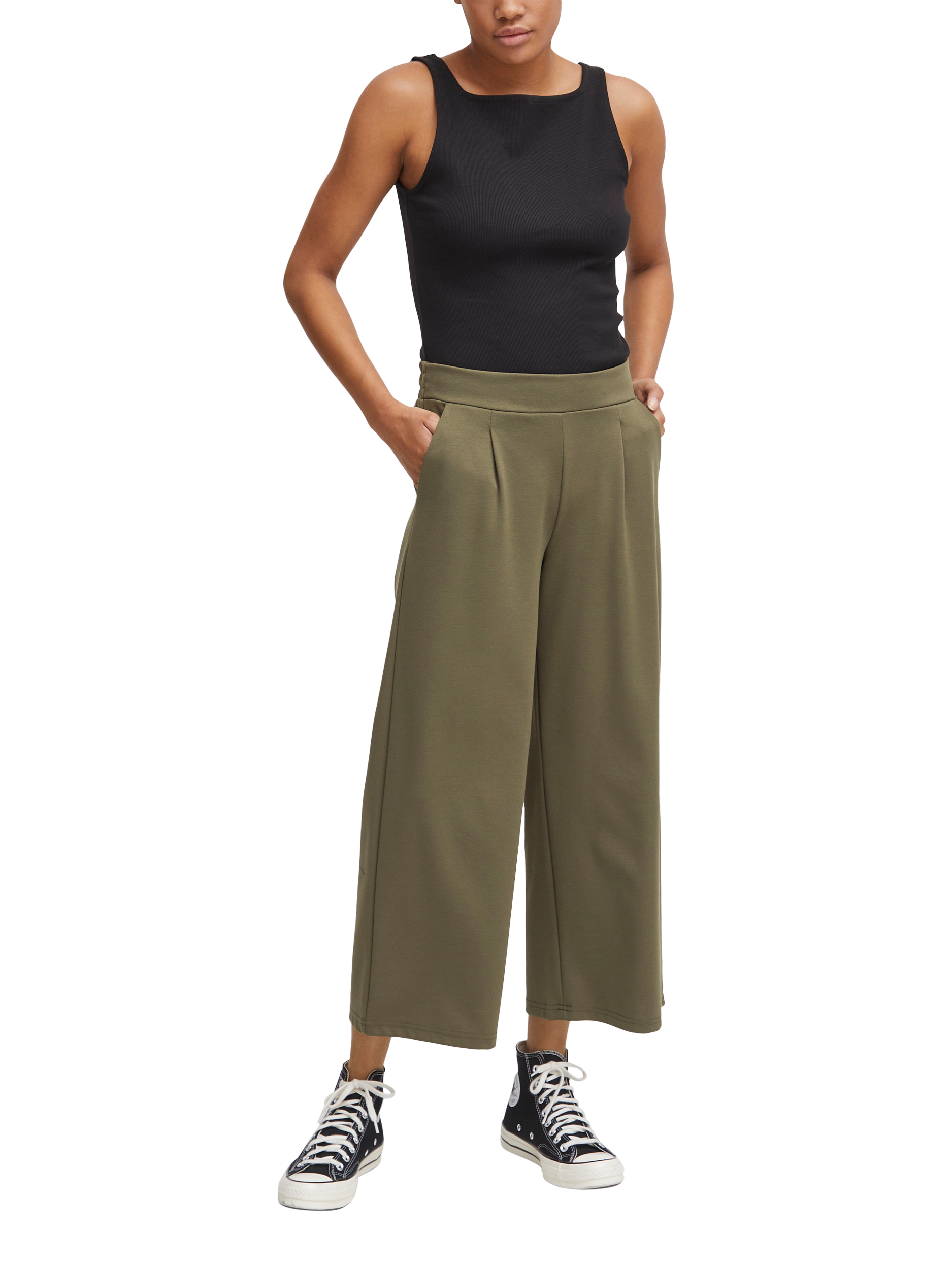Product image 3 of 7, which shows ICHI Kate Cropped Wide Leg Trousers, Kalamata, XS