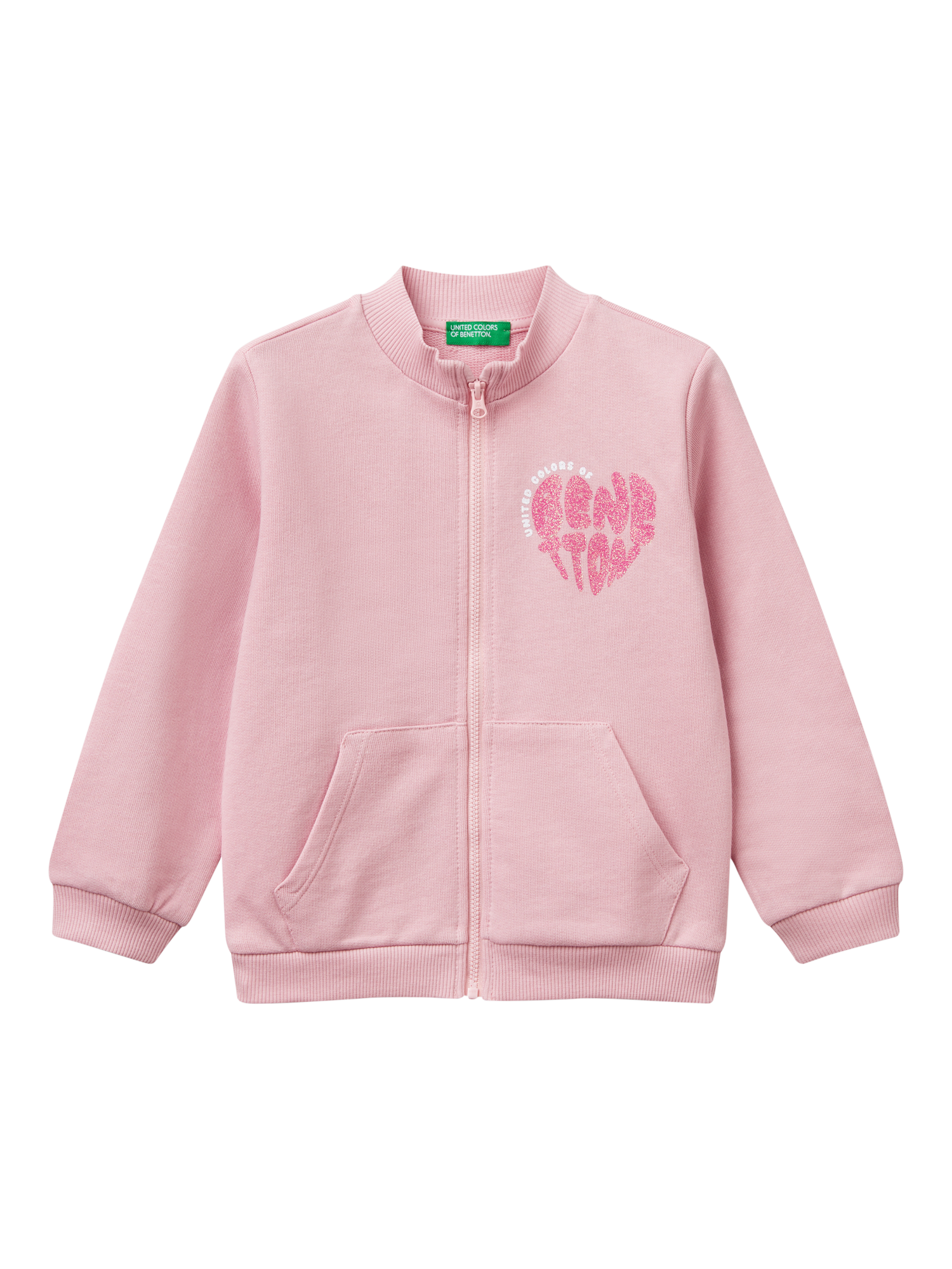 Product image 1 of 3, which shows Benetton Kids' Heart Glitter Zipped Sweatshirt, Pink, 18-24 months