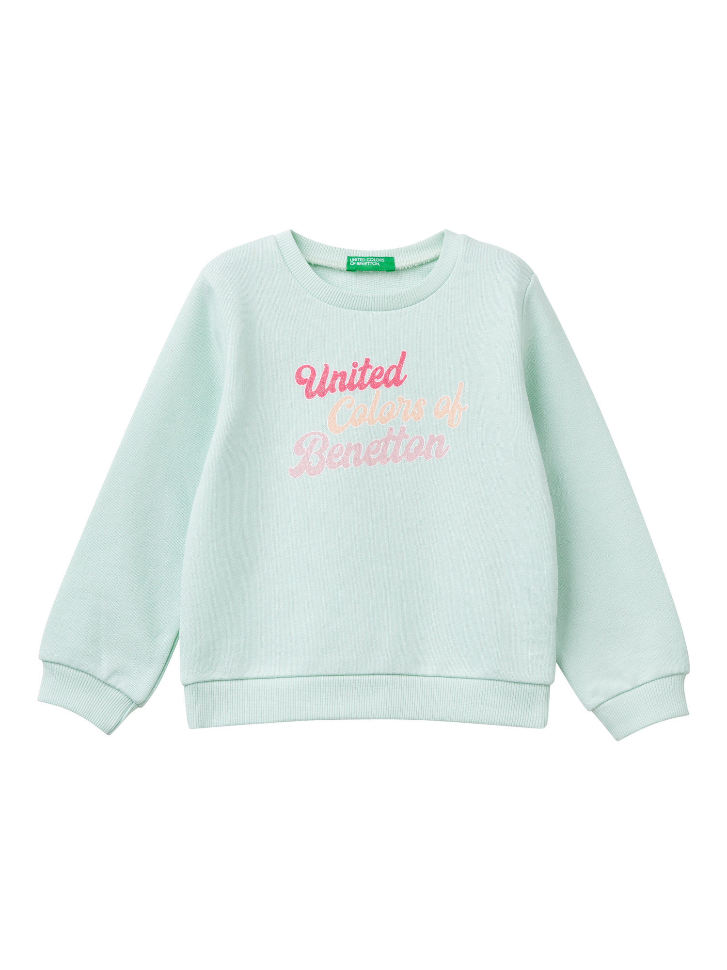 Product image 1 of 3, which shows Benetton Kids' Glitter Logo Sweatshirt, Teal Green, 3-4 years