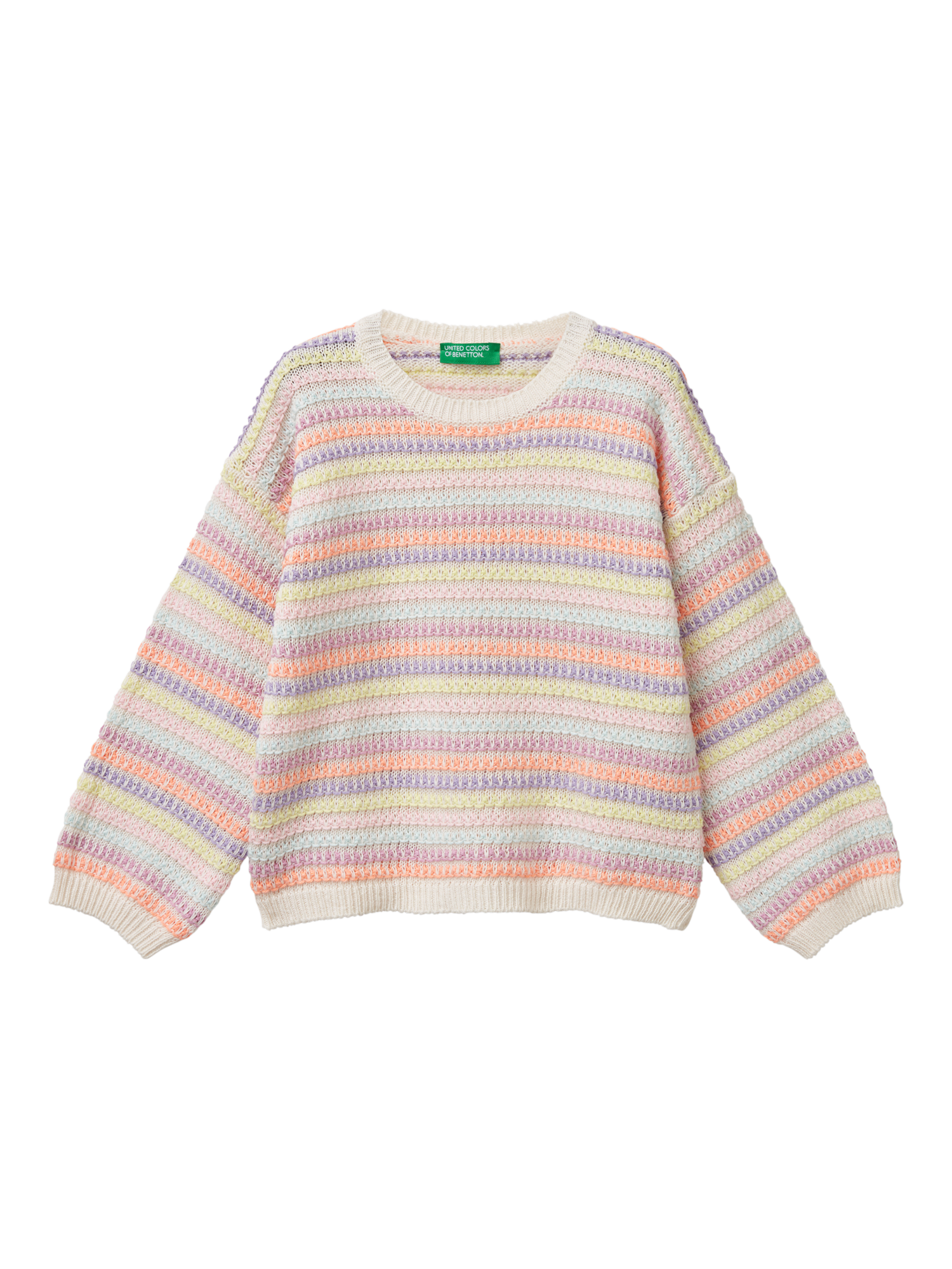Product image 1 of 3, which shows Benetton Kids' Stripe Knitted Jumper, Cream/Multi, 3-4 years