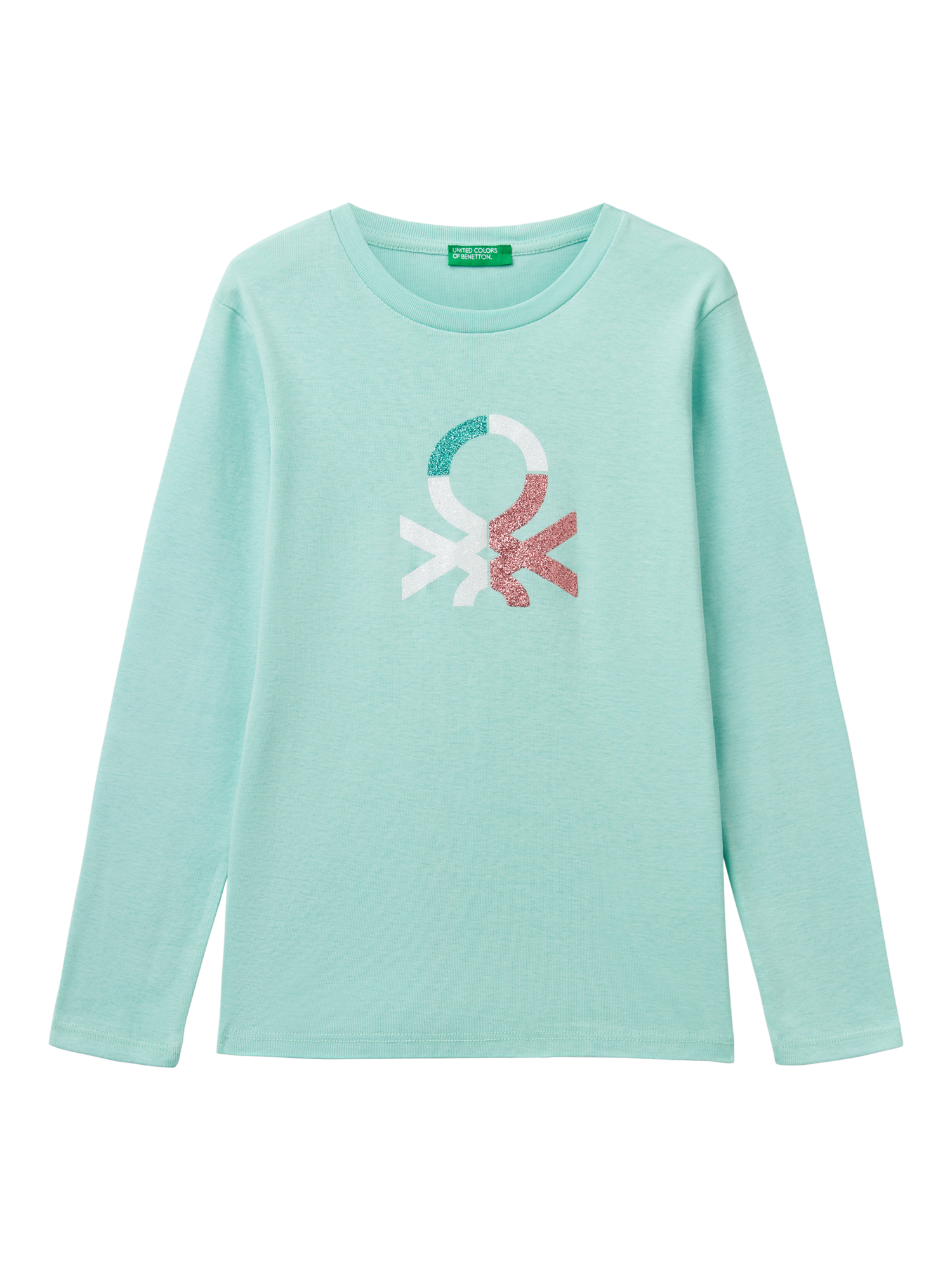 Product image 1 of 3, which shows Benetton Kids' Glitter Logo Long Sleeve T-Shirt, Teal Green, 8-9 years