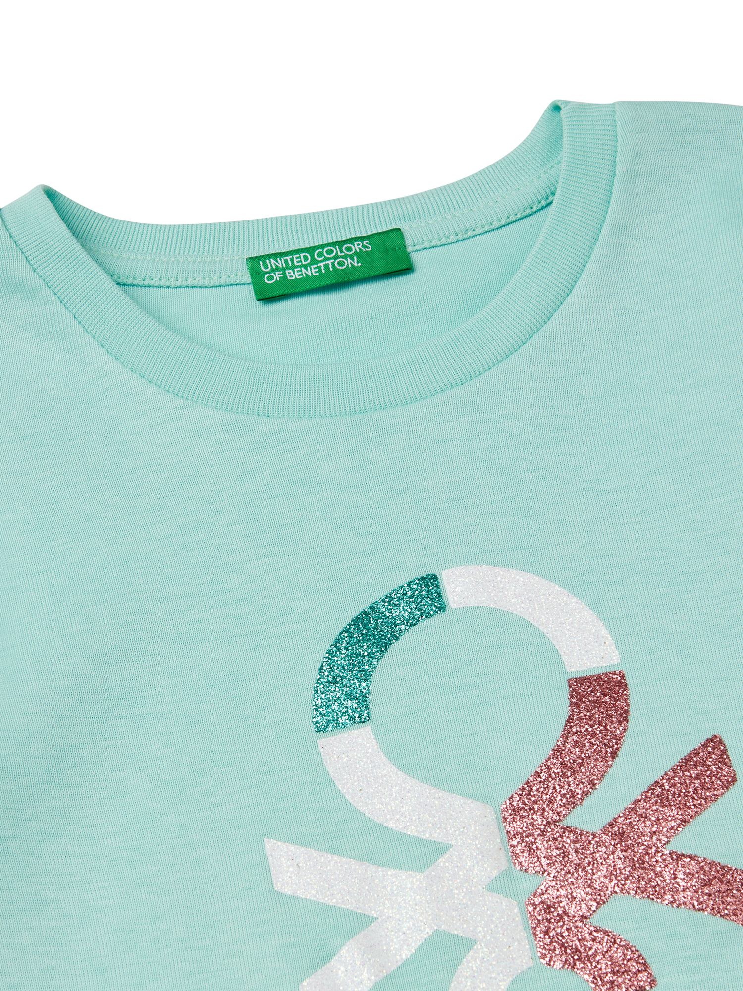 Product image 3 of 3, which shows Benetton Kids' Glitter Logo Long Sleeve T-Shirt, Teal Green, 8-9 years