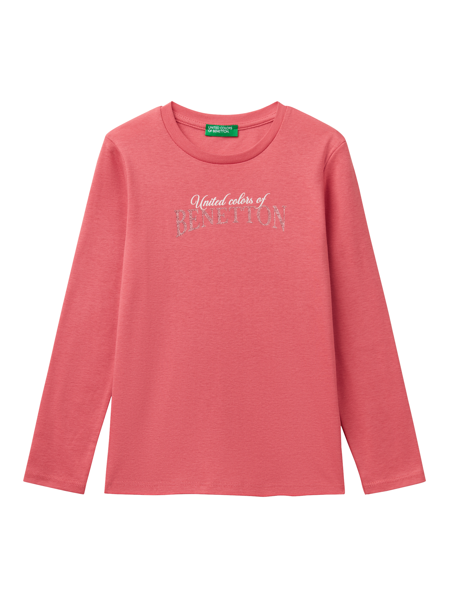 Benetton Kids' Glitter Logo Long Sleeve T-Shirt, Cyclamen