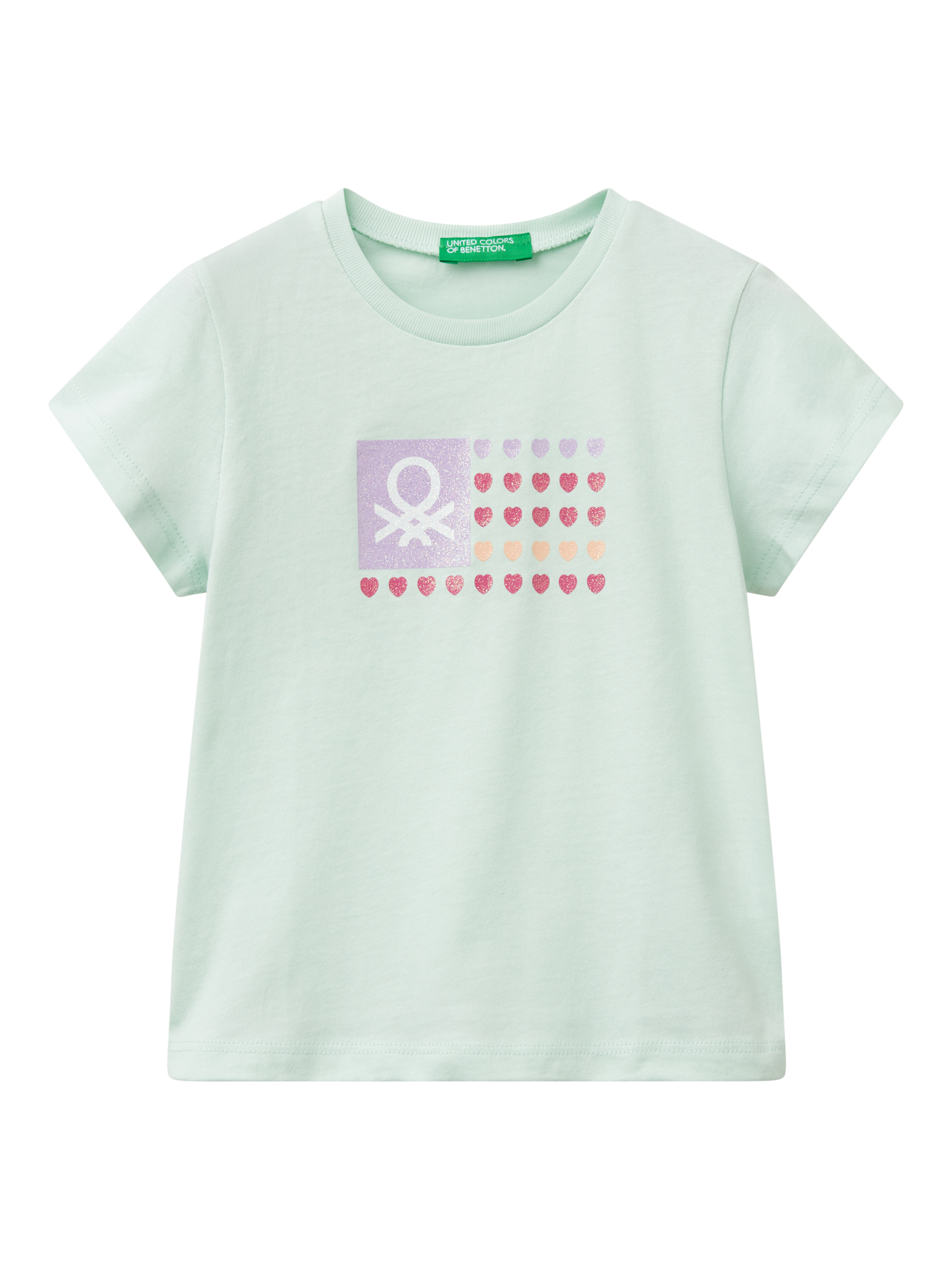 Product image 1 of 3, which shows Benetton Kids' Glitter Heart Logo T-Shirt, Teal Green, 18-24 months