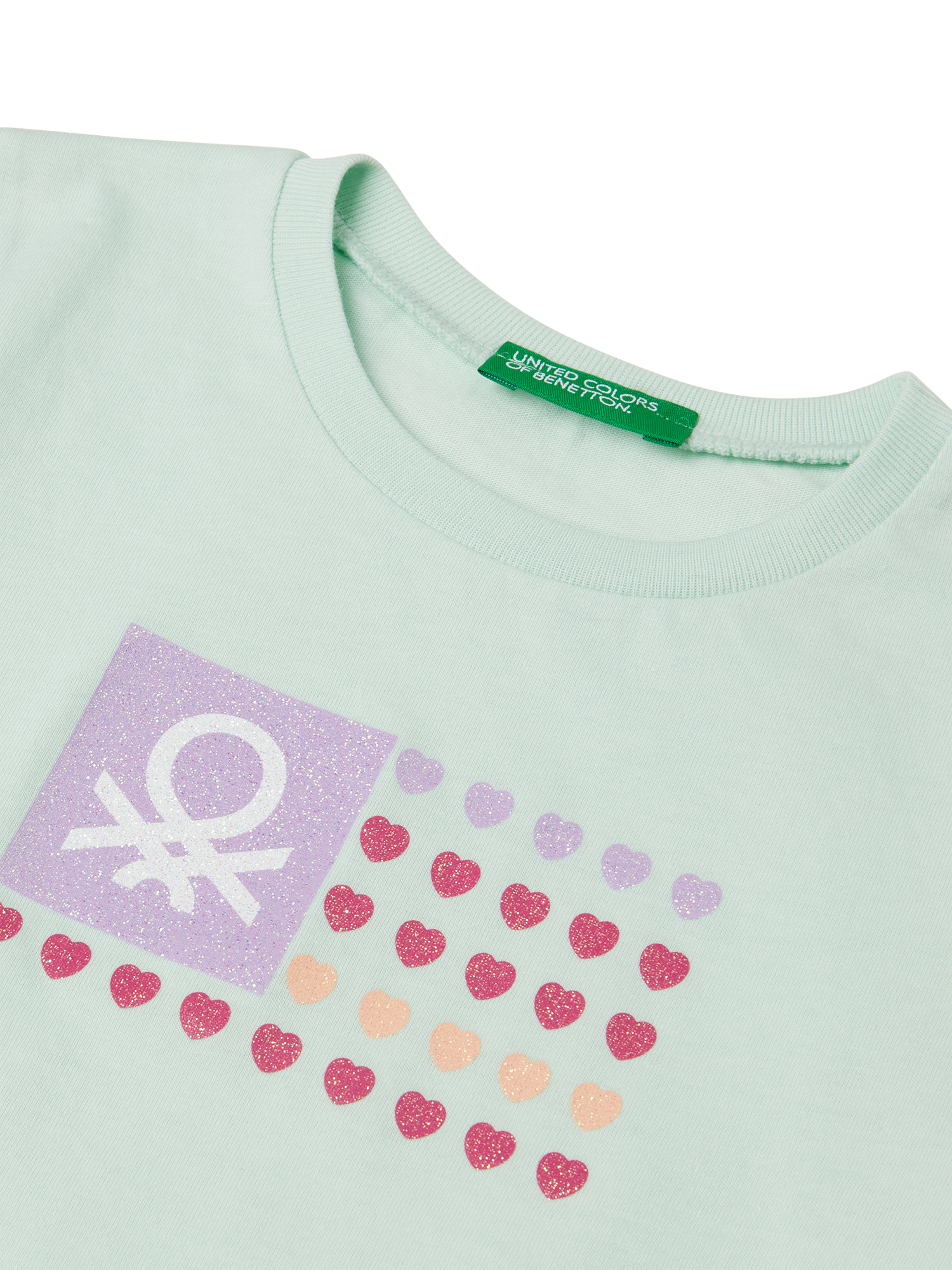 Product image 3 of 3, which shows Benetton Kids' Glitter Heart Logo T-Shirt, Teal Green, 18-24 months