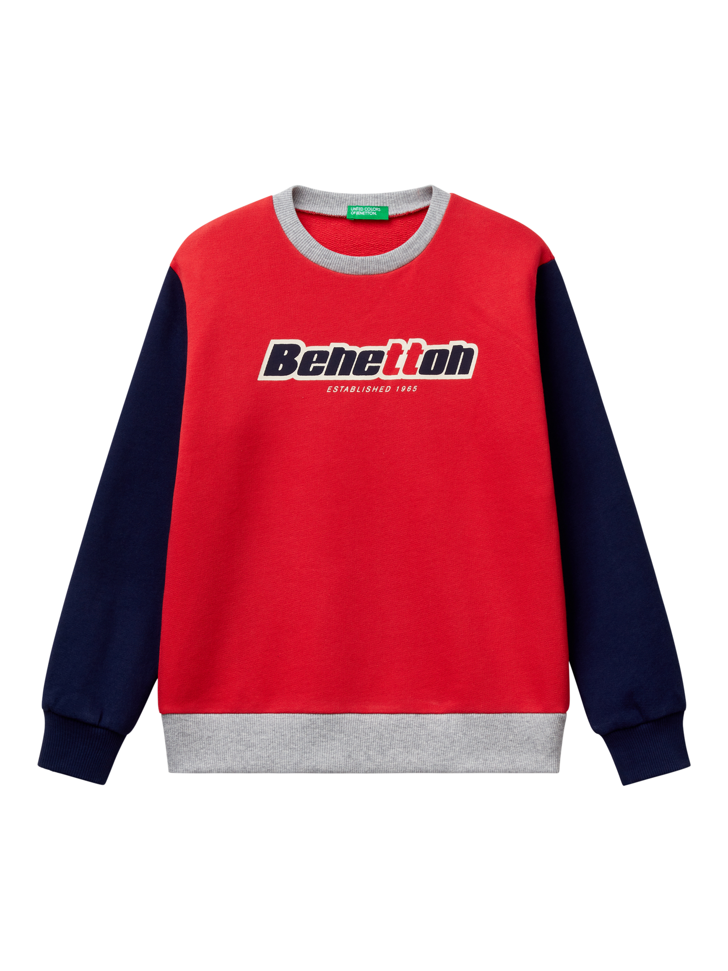 Product image 1 of 3, which shows Benetton Kids' Logo Colour Block Sweatshirt, Red/Navy, 7-8 years