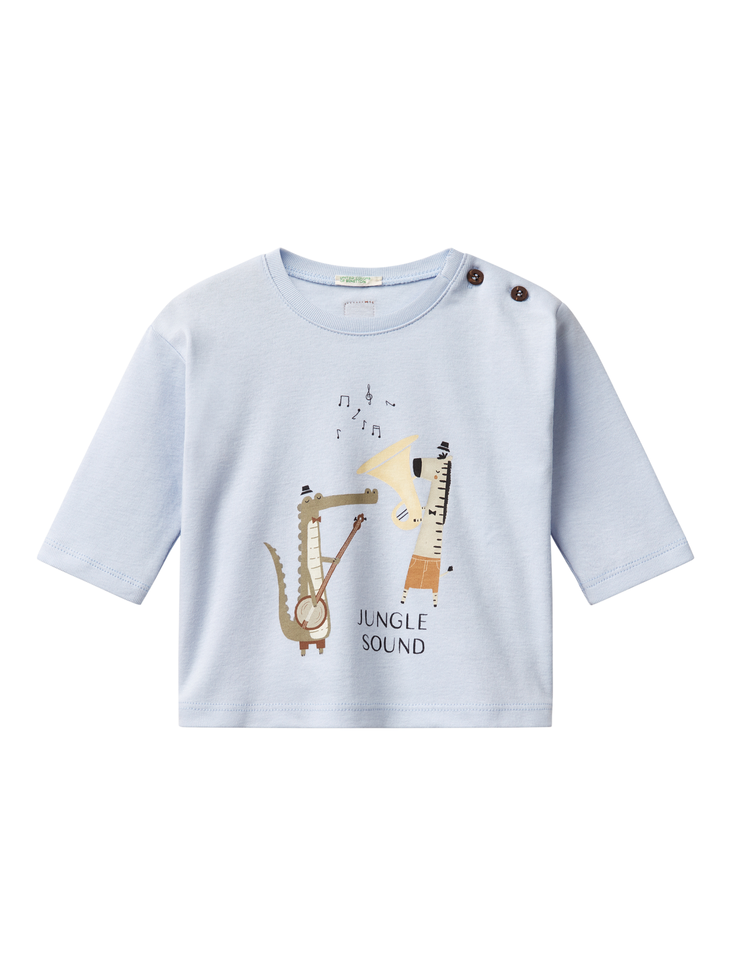 Product image 1 of 3, which shows Benetton Baby Jungle Sound Long Sleeve T-Shirt, Light Blue Powder, 1-3 months