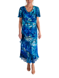 chesca Tropical Leaf Cowl Neck Dress, Marina/Cobalt, Marina/Cobalt