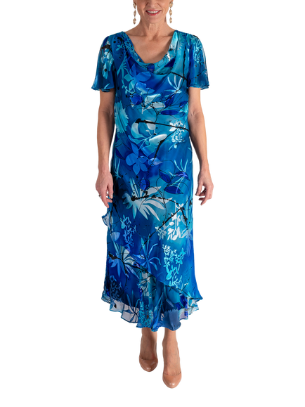chesca Tropical Leaf Cowl Neck Dress, Marina/Cobalt, Marina/Cobalt